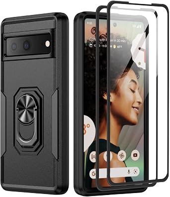 for Google Pixel 6A 5G Case with Screen Protector, Military Grade Dual Layer Heavy Duty Shockproof Full Body Protective Phone Cover, Built in Rotatable Magnetic Ring Holder for 6A Black