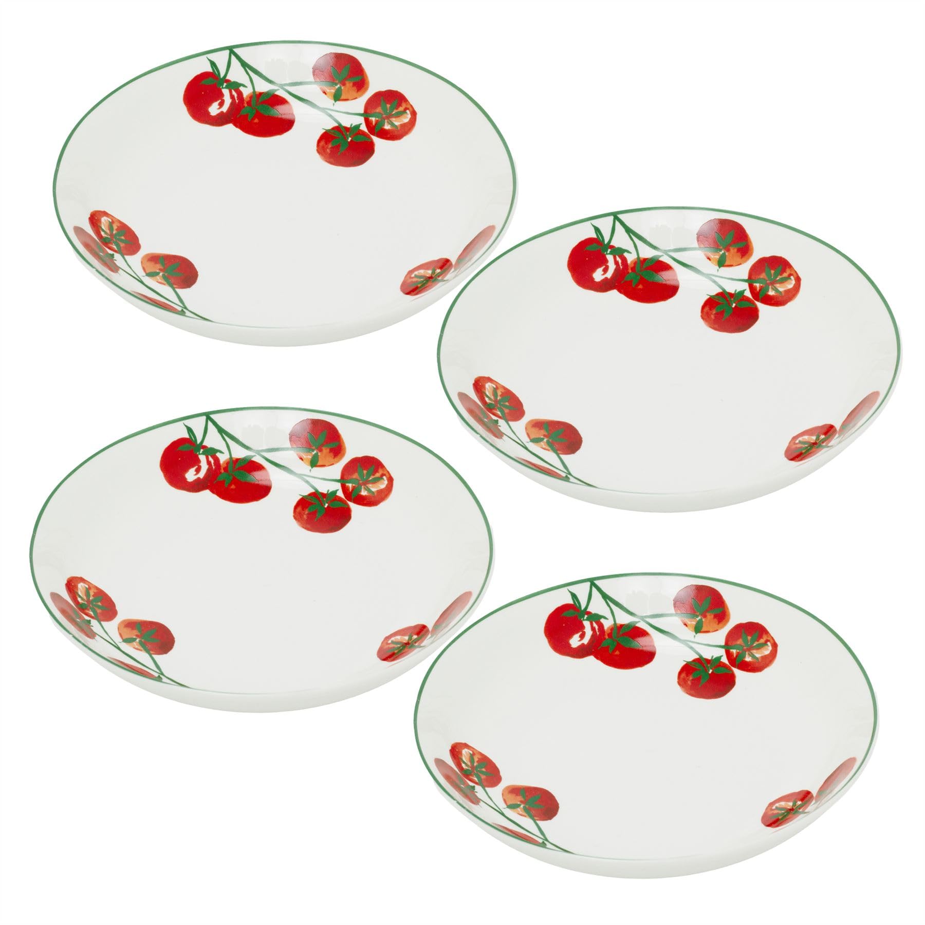 Carousel Home Set of 4 Vine Tomato Pasta Bowls, 420ml Ceramic Mediterranean Dinnerware, White Porcelain Shallow Serving Bowls - 20cm
