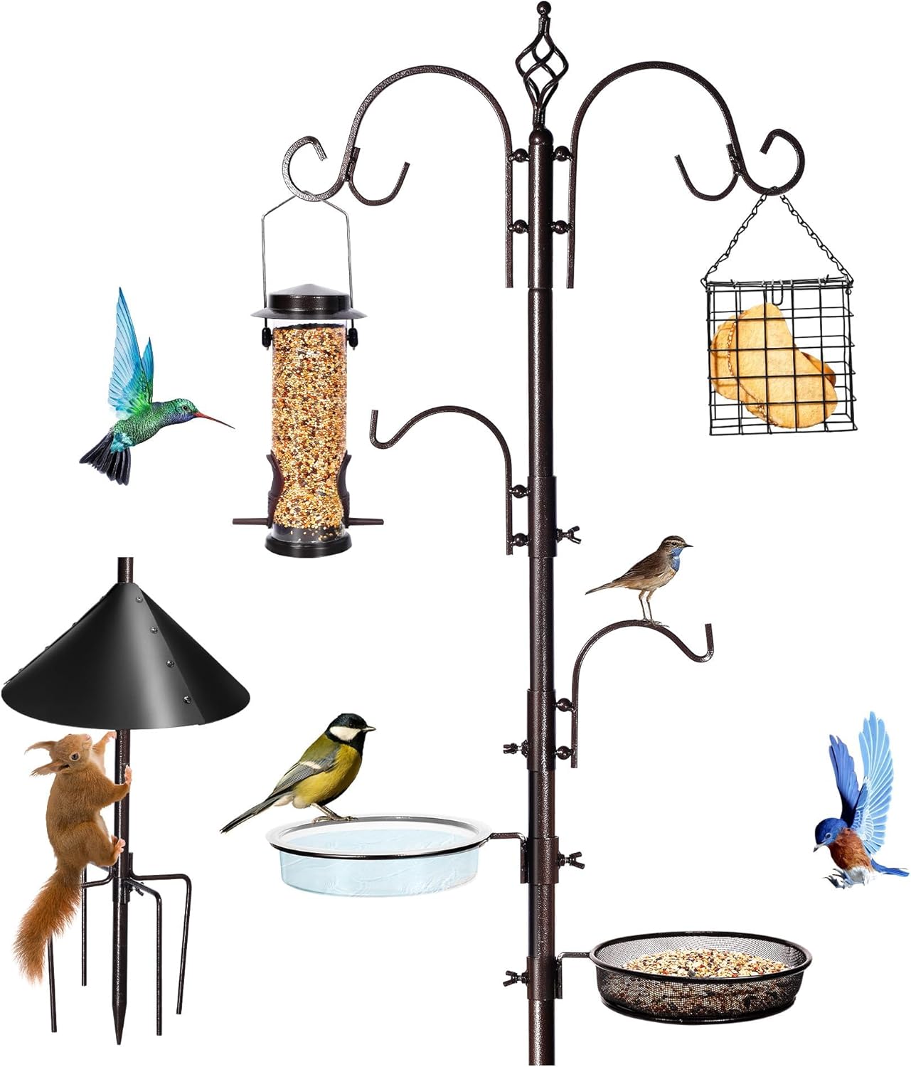 YINGYM 6-Hook Bird Feeding Station Kit, Wild Bird Feeder Stand Pole, Multi-Feeder Kit Stand with 4 Feeders, Bird Bath and Mesh Tray, 94 Inch