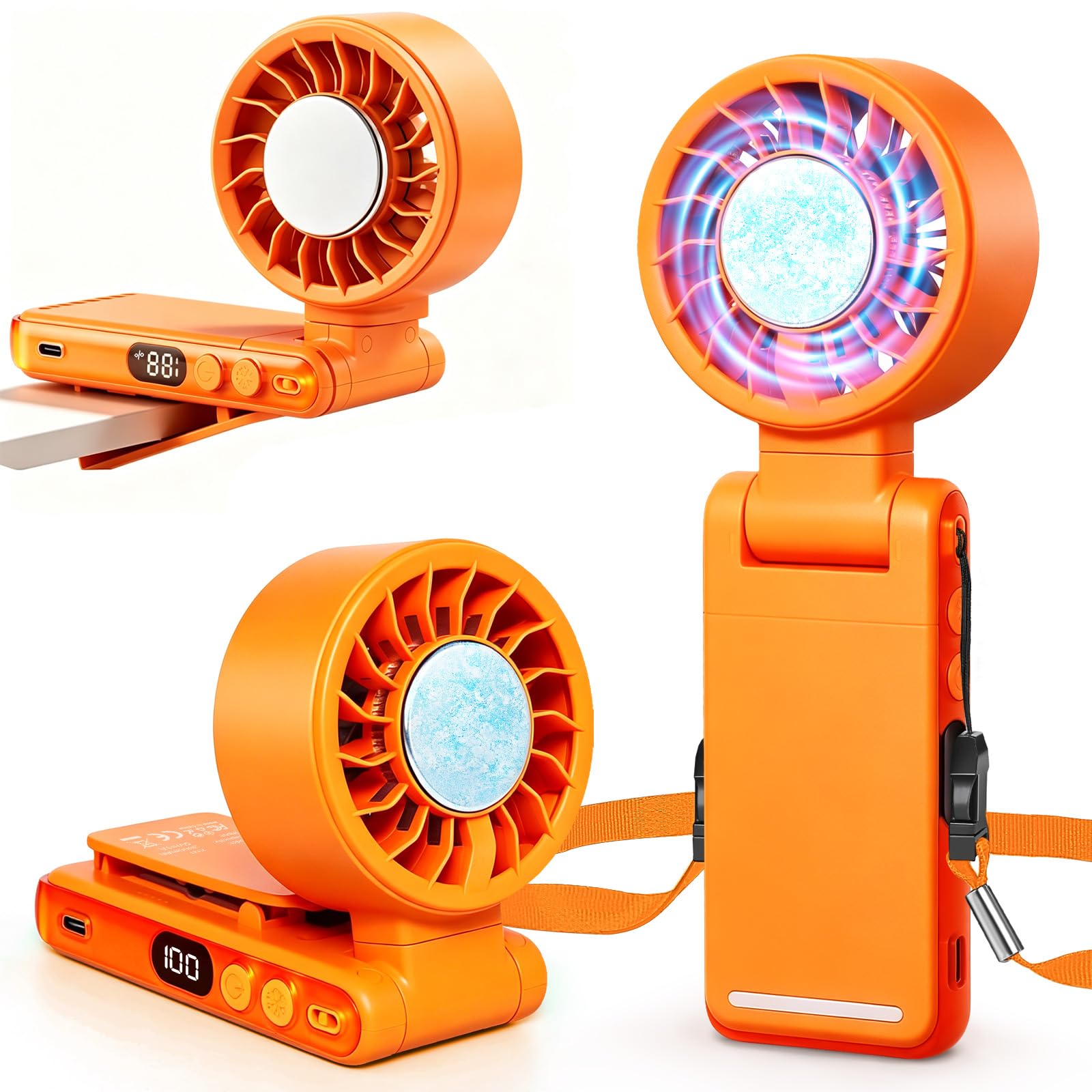 Ciaien Handheld Portable Turbo Fan with Ice Cooling,5 Speed Rechargeable LED Display Foldable Hand Held Personal Clip/Neck/Waist Fan,180°& 360° Adjustable,Pocket Mini Fan for Outdoor/Home(Orange)