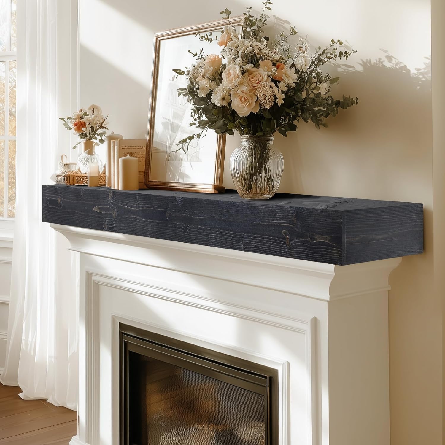 48x8x3 Fireplace Mantel - Handcrafted Hollow Rustic Solid Wood Wall Mounted Floating Shelf with Invisible Heavy Duty Wood Bracket (Weathered Black)