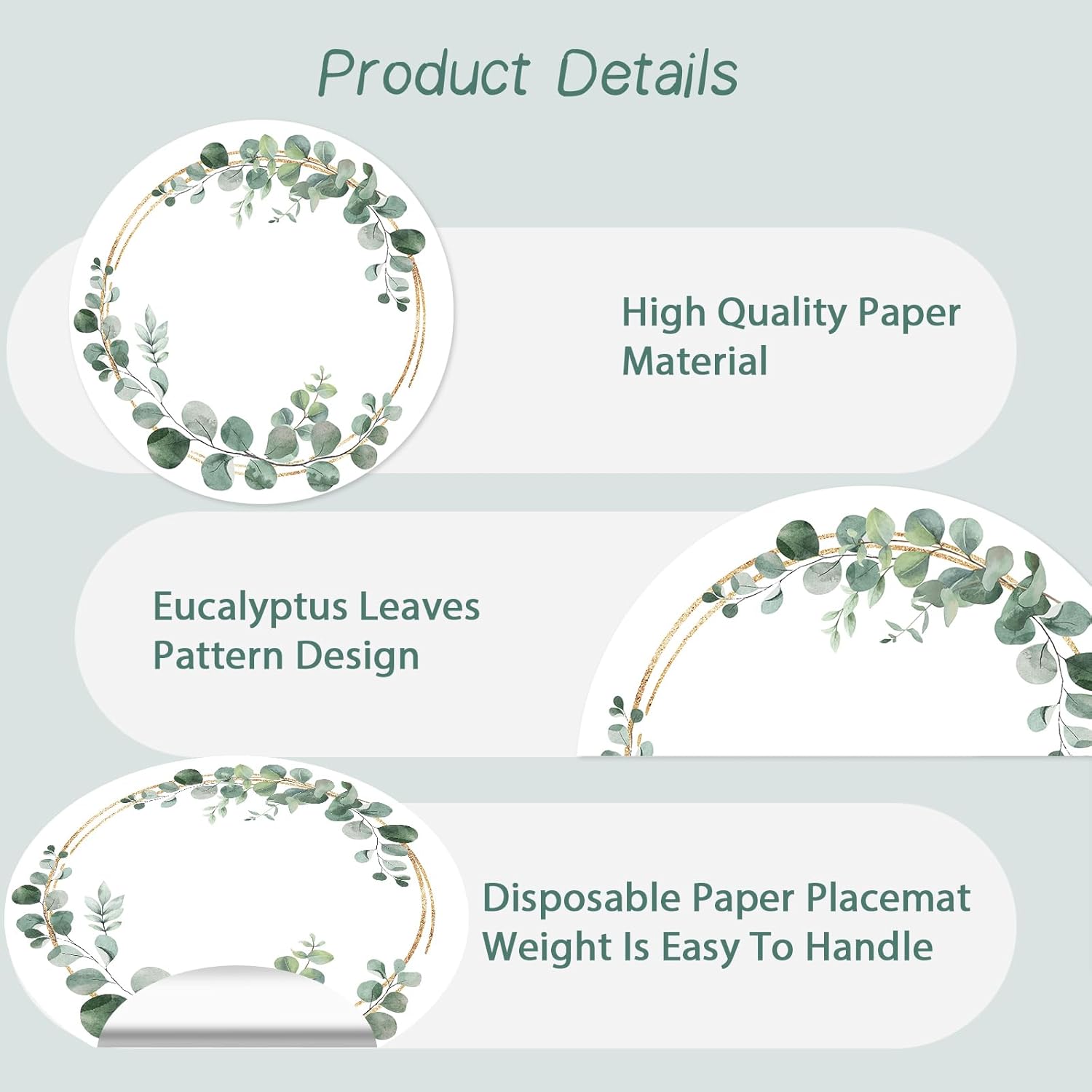 Disposable Paper Placemats - 100 Pack Green Eucalyptus Leaves Round Table Mats, 13.7 Inch, Perfect for Birthday, Baby Shower, Party Decoration