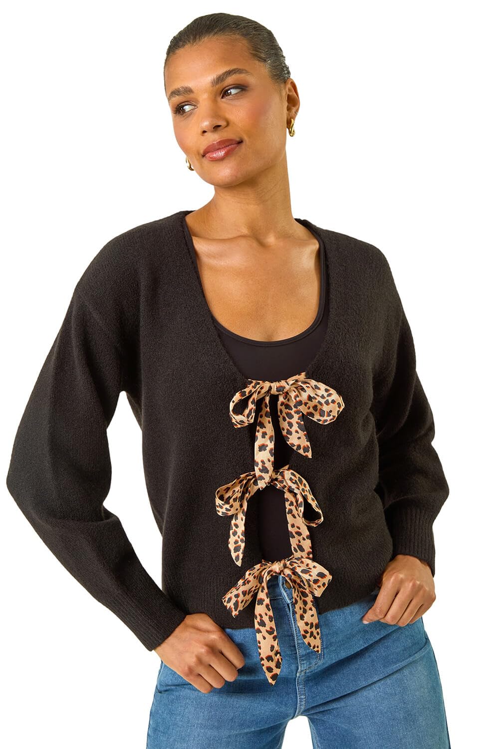 Roman Women's Black Animal Tie Front Knit Cardigan Sweater In | : Size 14