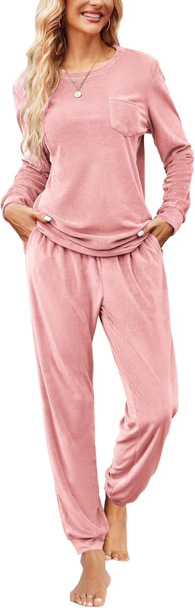 Ekouaer Womens Pajamas Sets Long Sleeve Soft Sleepwear 2 Piece Velvet Pjs Lounge Sets with Pockets | Warm Cozy Loungewear,Jogger Pants with Pockets,Casual Lounge Sets for Travel,Vacation,Airport,Home,Daily Wear