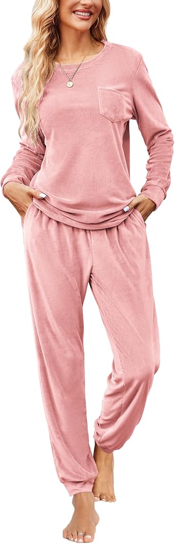 Ekouaer Womens Pajamas Sets Long Sleeve Soft Sleepwear 2 Piece Velvet Pjs Lounge Sets with Pockets