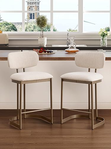 Miniatura 7 de Juego de 2 taburetes de mostrador de 26 pulgadas, modernos taburetes de bar de lino con respaldo curvo, taburetes tapizados de altura de mostrador