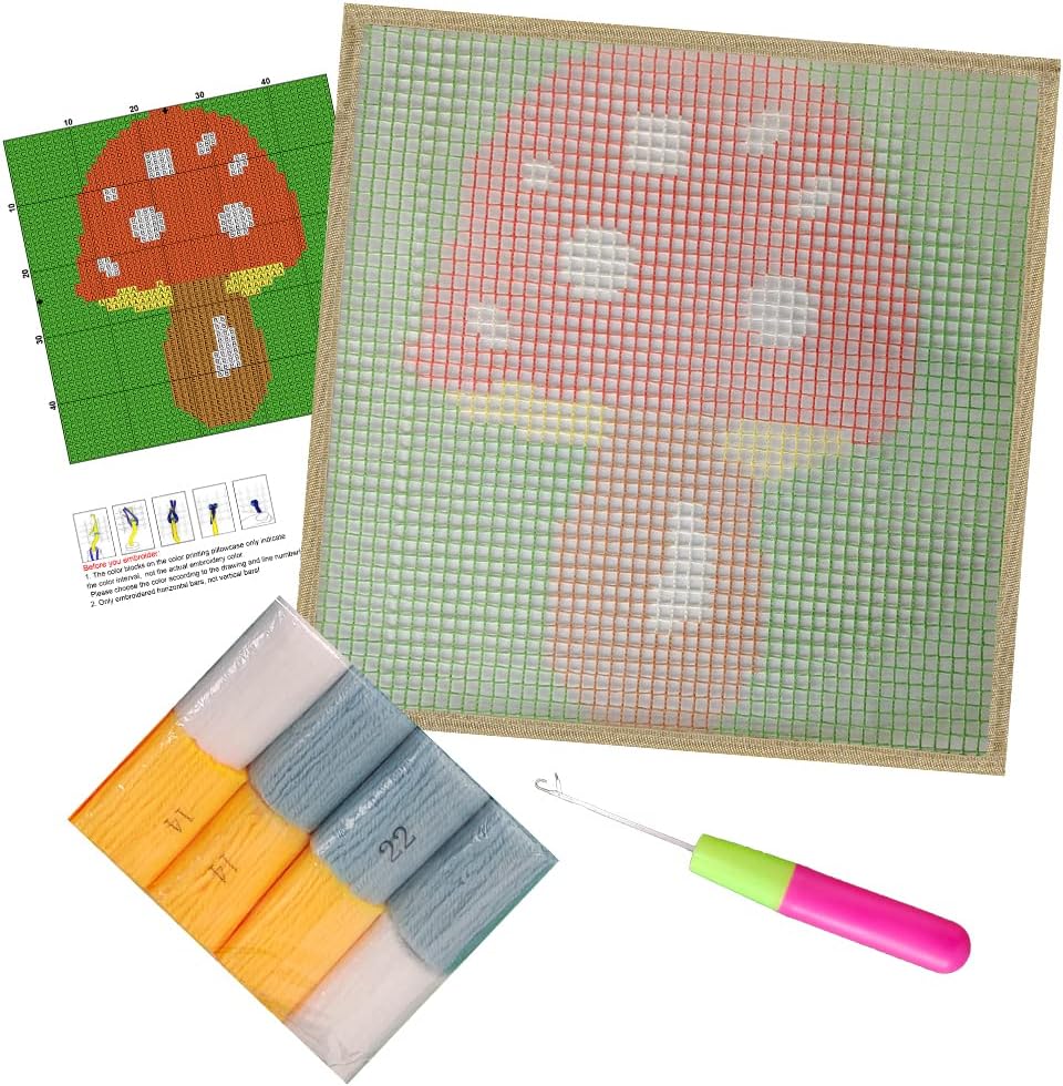Yglnden Latch Hook Kit DIY Throw Cover Crochet Needlework Printed Canvas Decor for Adults (Mushroom:30x30cm/12 X12)
