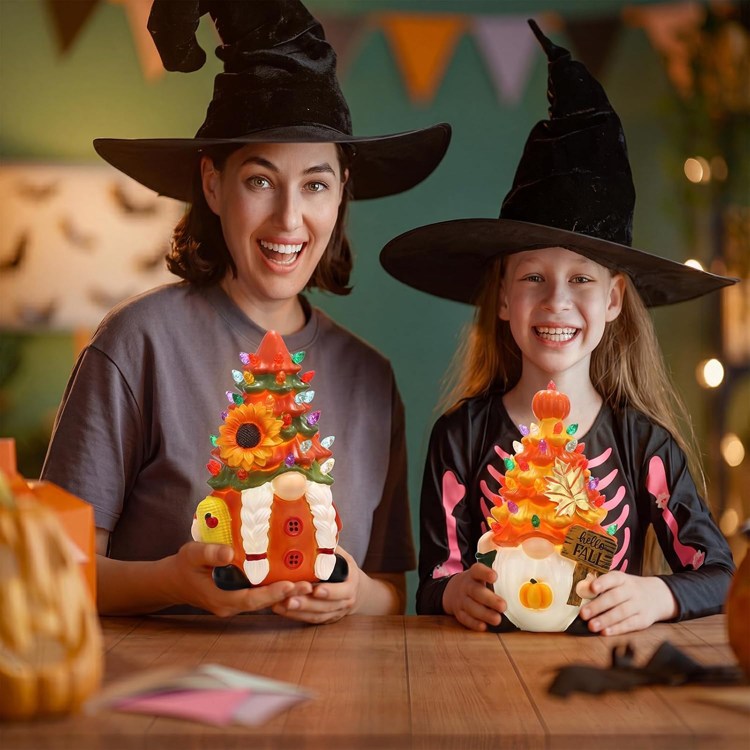 Fumete 2 Pack Lighted Fall Gnome Tree Decorations Statues with Lights | Light up Fall Decorations for Home, Hello Fall Gnome, Corn, Maple, Pumpkin Table Decor, Tree Centerpieces Indoor