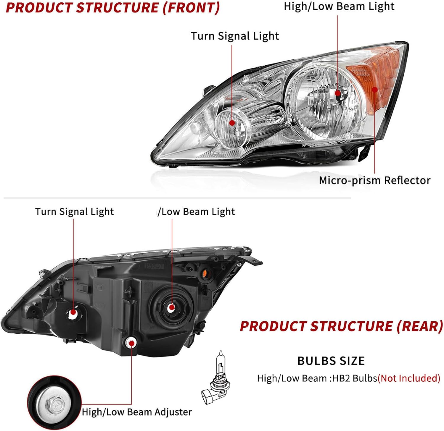 APSVE 2Pcs Headlight Assembly Compatible with 2007-2011 Honda CRV CR-V Headlights Headlamp Driver Passenger Side, Chrome Housing Amber Corner