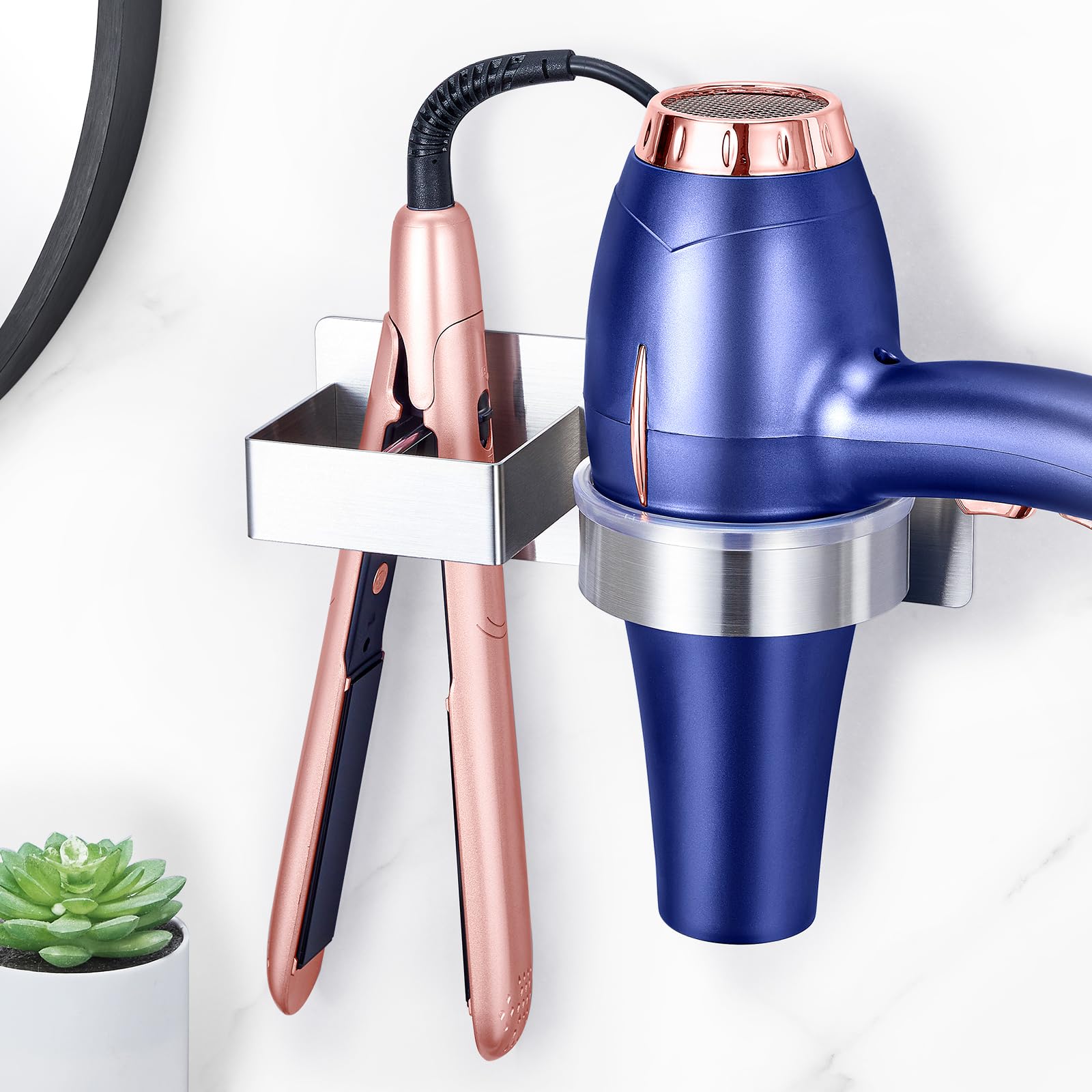 Hair Dryer Holder Blow Dryer Holder Wall Mounted, Adhesive Hair Straightener Holder, Hair Tool Organizer for Curling Iron Holder, Metal Hairdryer Holder Storage Organizer for Bathroom Vanity,Silver