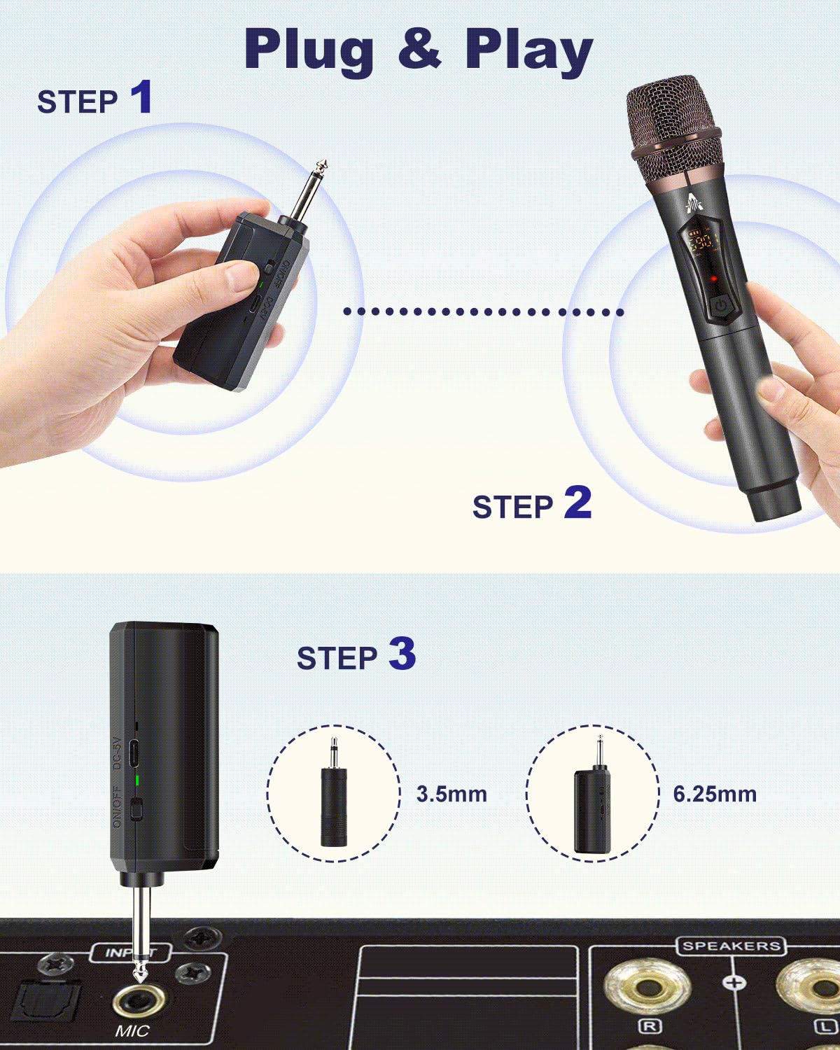 ALPOWL Microfono Inalambrico, Microfono Karaoke con Modulo de Conversión de Impulso DC - DC, para Uso de Voltaje Estable, Micrófono Dinámico con Receptor de Carga de Amplificador de Voz