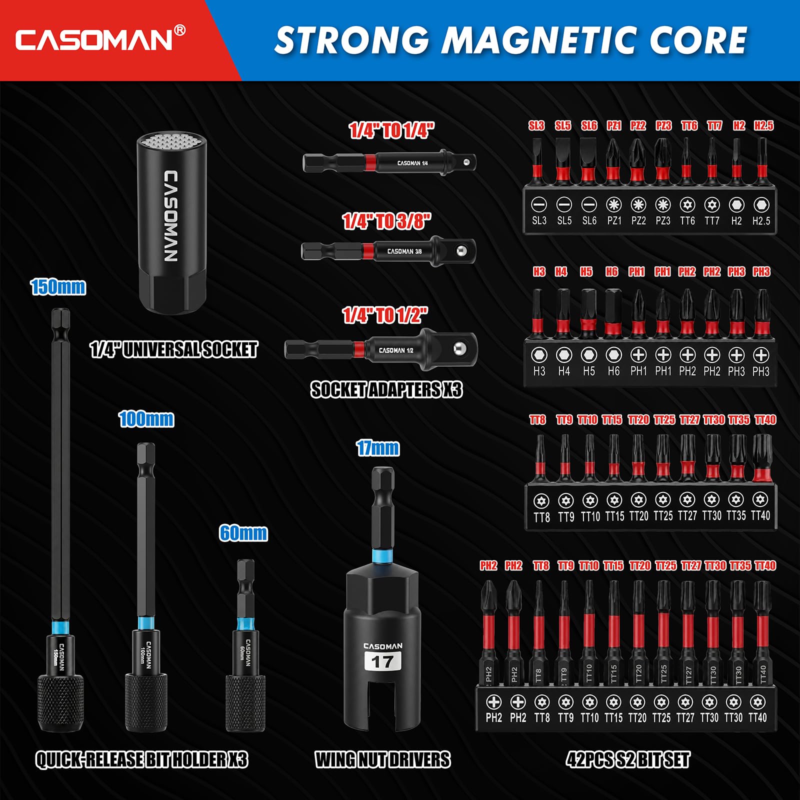 CASOMAN Set di 81 cacciaviti magnetici per trapano a percussione, sistema metrico e SAE, include punte per cacciavite, supporto di estensione per punte a sgancio rapido, adattatori per bussole