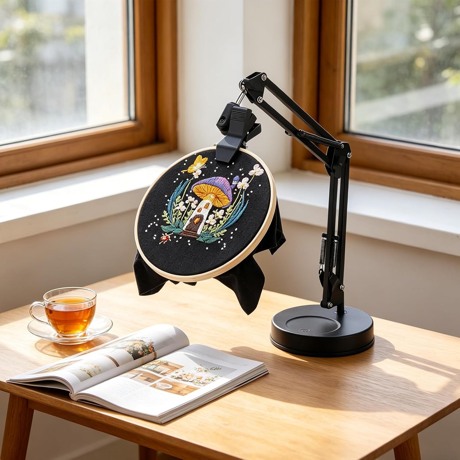 360 Degree Rotating Embroidery Stand with Sturdy Metal Frame and Foldable Designs for Easy Storage Travel Sewing Accessory