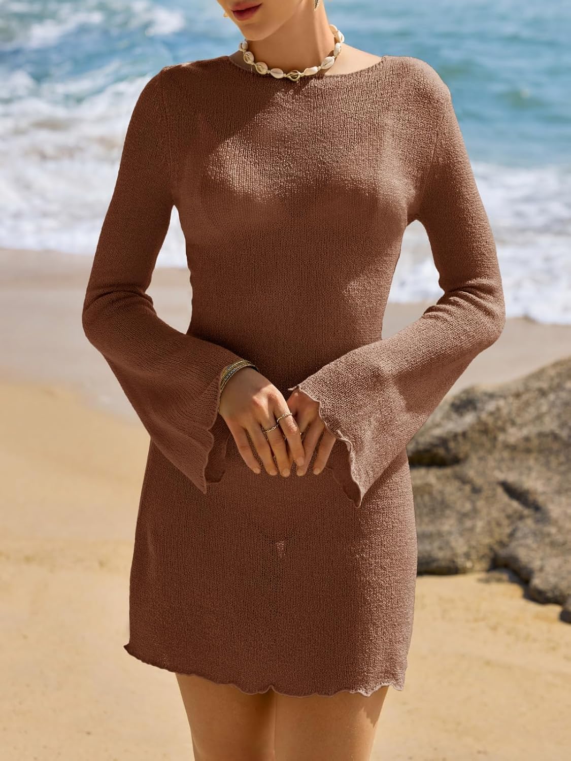 Saodimallsu Womens Swimsuit Cover Up Long Sleeve Sheer Mesh Knit Mini Dress Backless Tie Summer Beach Vacation Outfits - Image 2