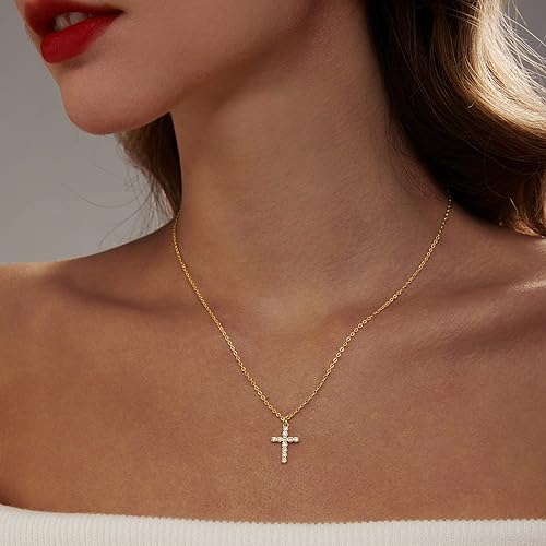 Miniatura 4 de Zeffy Collar de cruz para mujer, chapado en oro de 18 quilates, collar con dije de cruz pequeña en capas simples para niñas, joyería de oro para