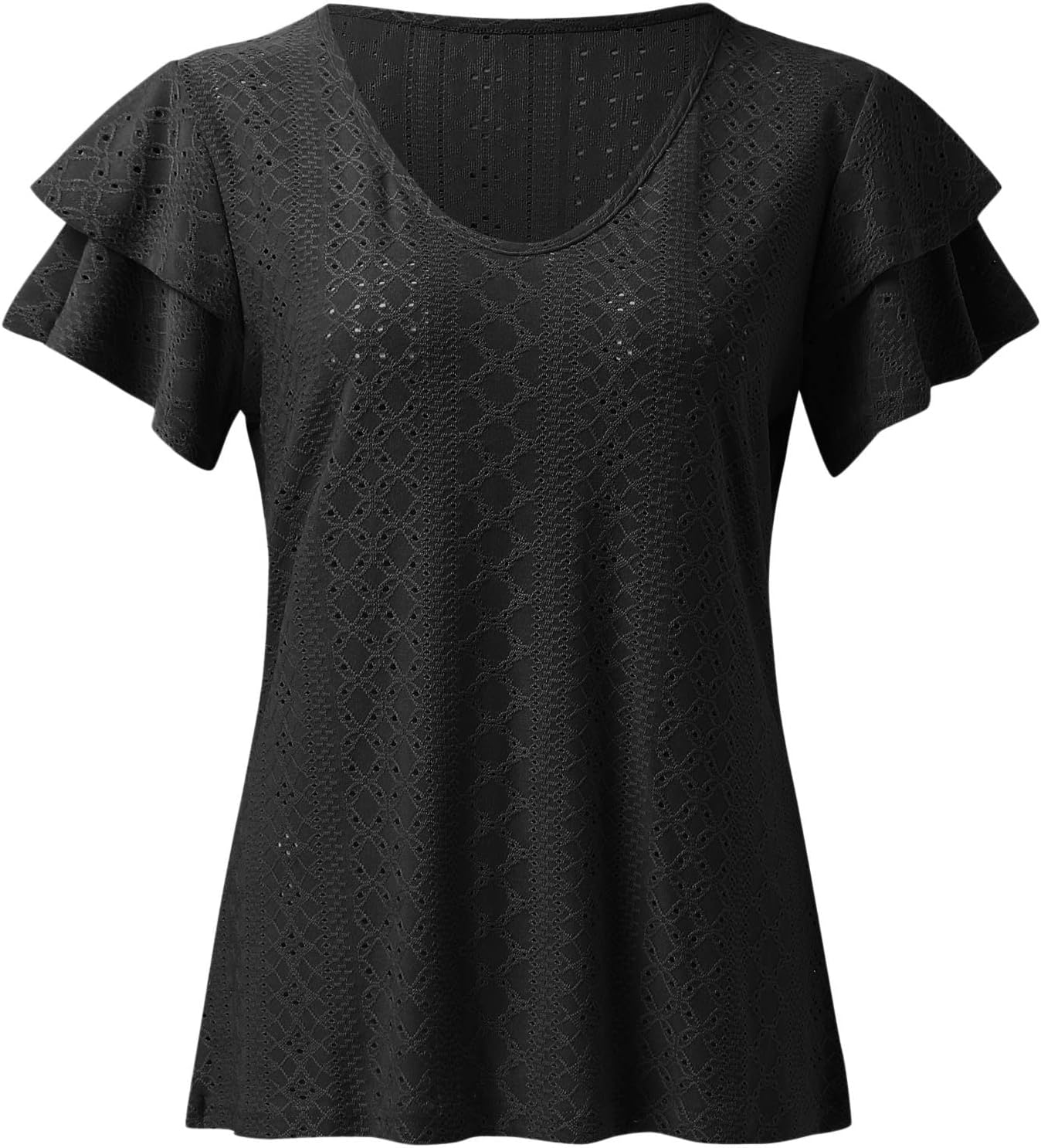 Women Eyelet Tops V Neck Dressy Short Sleeve Ruffle Pullover Blouses Casual Loose Fit Shirt 2026 Summer Vacation Outfits