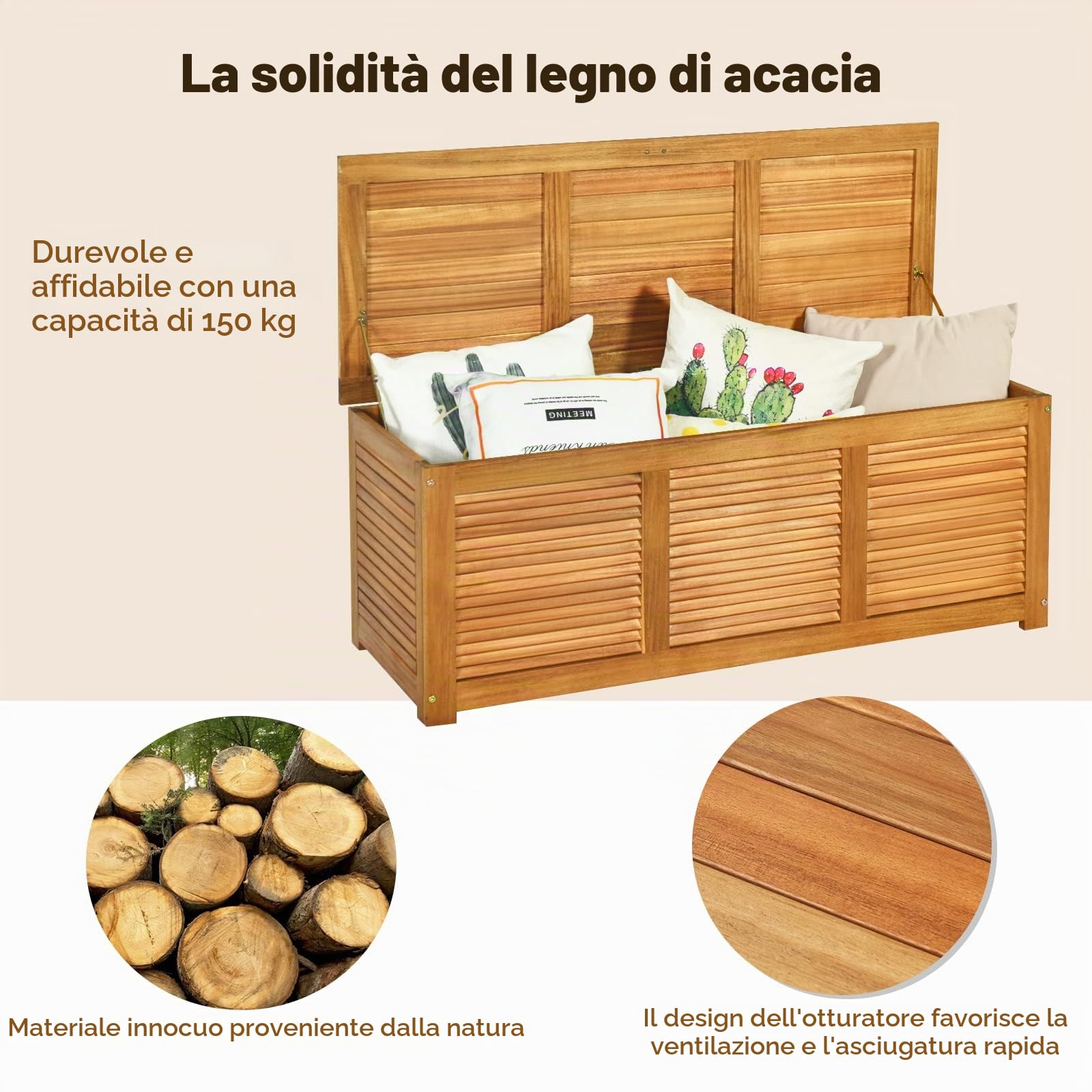 KOMFOTTEU Cassapanca da Giardino con Coperchio Antipolvere e Maniglia | Baula Contenitore in Legno di Acacia da Esterno e da Interno, 178L, 120 x 45 x 45 cm