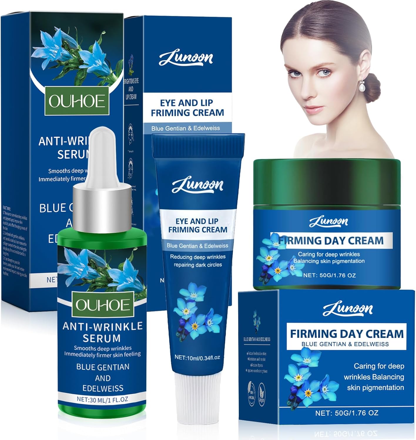 Blue Gentian Set of 3 Organic Firming Day Care Organic Anti-Wrinkle Serum and Anti-Wrinkle Eye Care and Lip Care with Edelweiss Anti-Ageing Cream for Women
