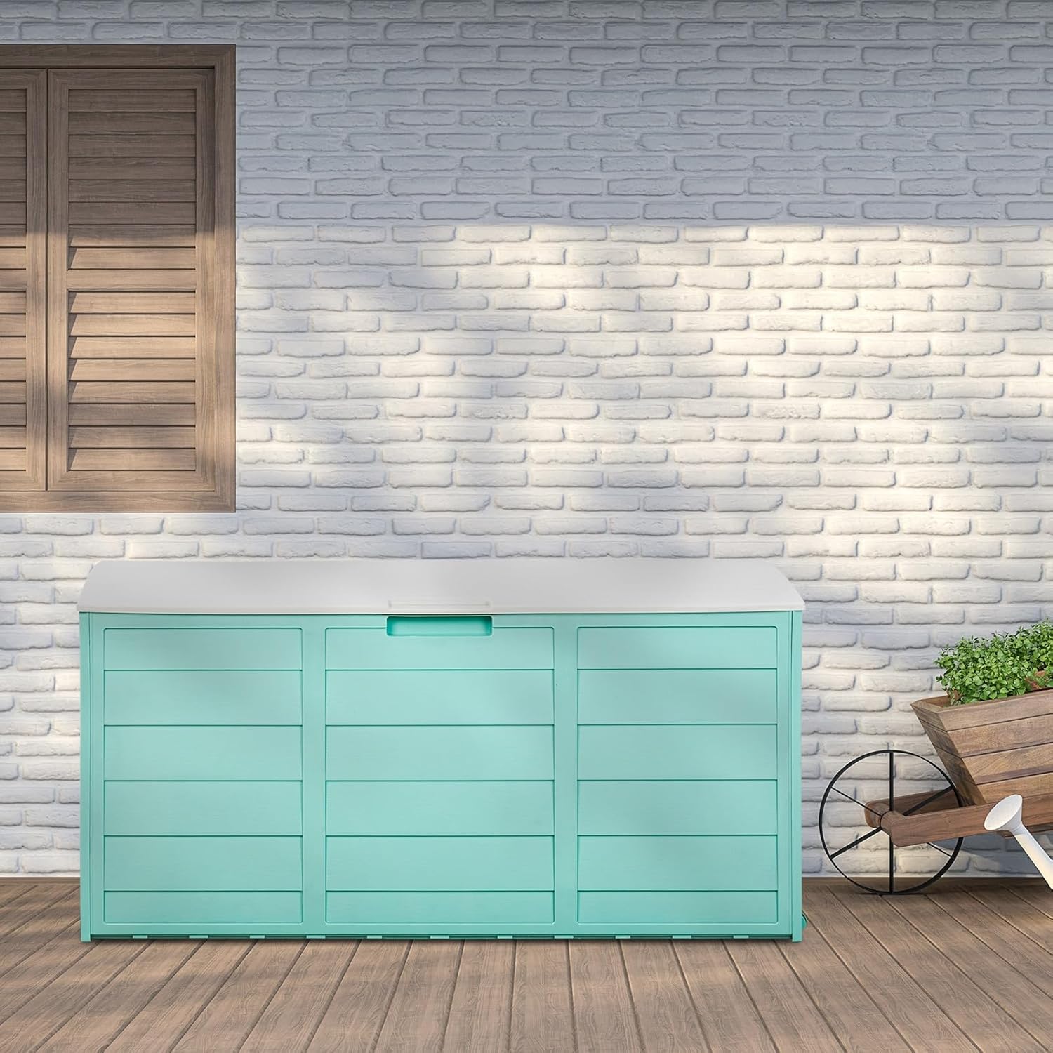 75 Gallon Outdoor Storage Box,Waterproof Deck Box with Lockable Lid&Wheels,Easy-open Outdoor Storage Bench with Handles for Garden,Pool,Balcony (Green)