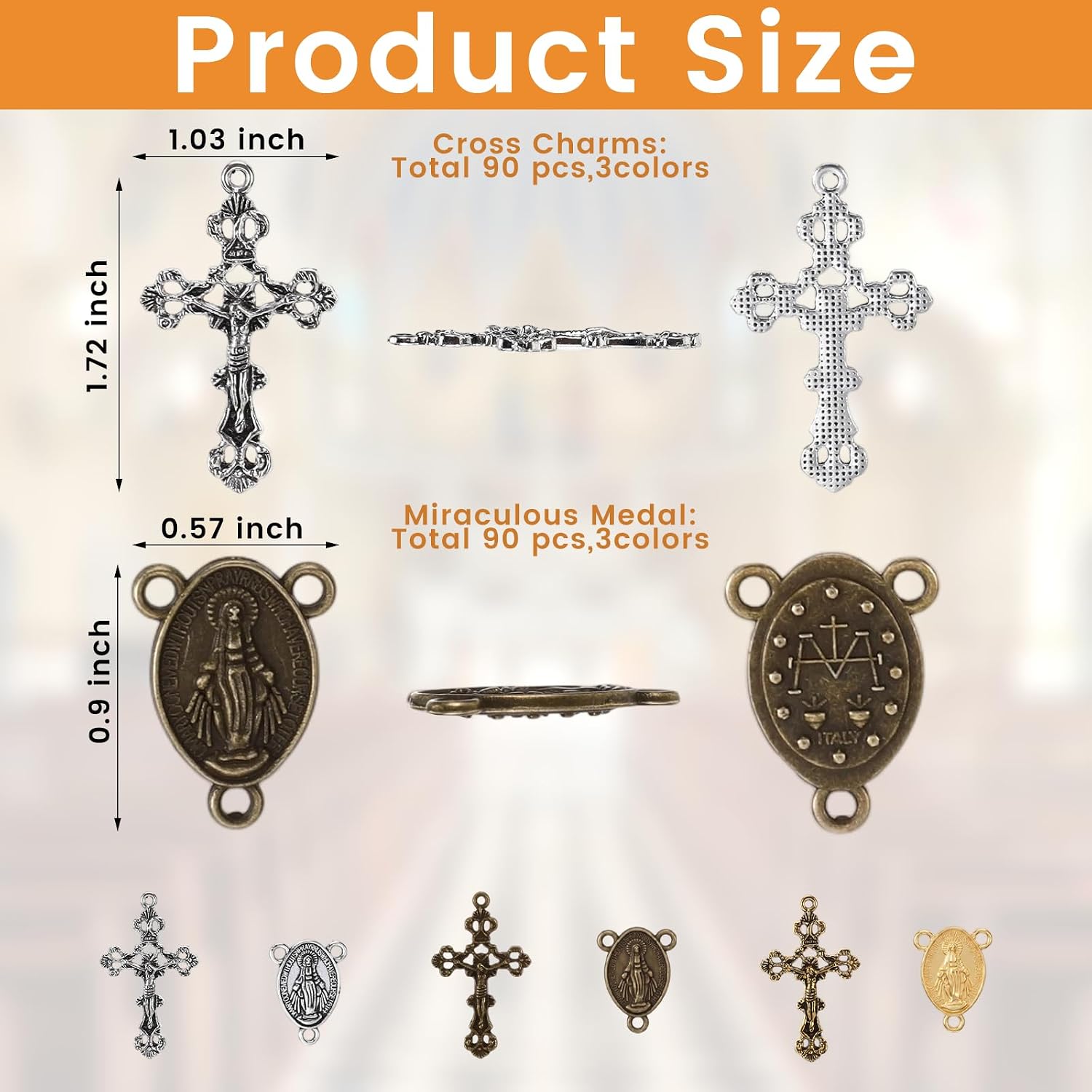 180 Pcs Alloy Rosary Cross Charms Mary Miraculous Medal Mixed Antique Silver Gold Bronze Oval Chandelier Links Crucifix Charm, Rosary Making Supplies for Catholic Necklace Bracelet Earring Jewelry
