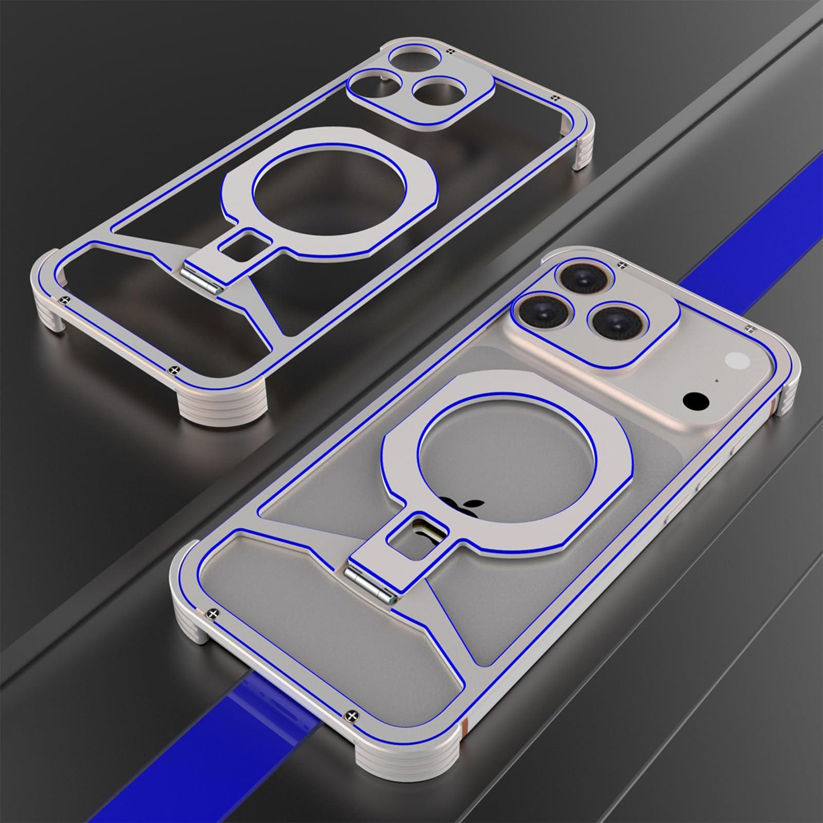 Coque minimaliste iPhone 17 Pro finitions bleu argenté en métal avec anneau premium - 6