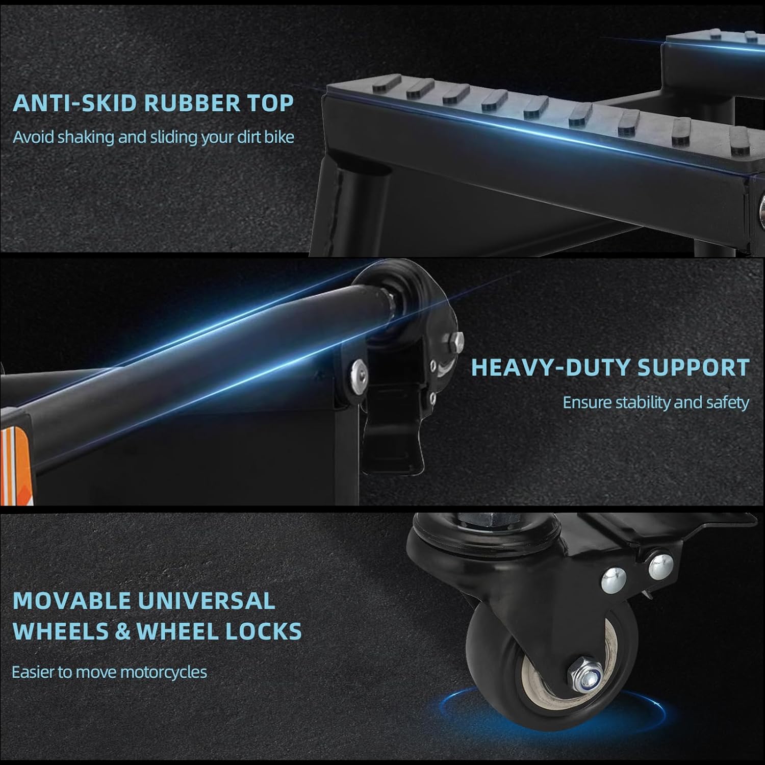 Dirt Bike Stand Movable with Wheels Motorcycle Lift Panel Stand Maintenance Heavy Duty Universal Stand for Most Motorcycles Motocross Dirt Bike Dual Sport Enduro Black