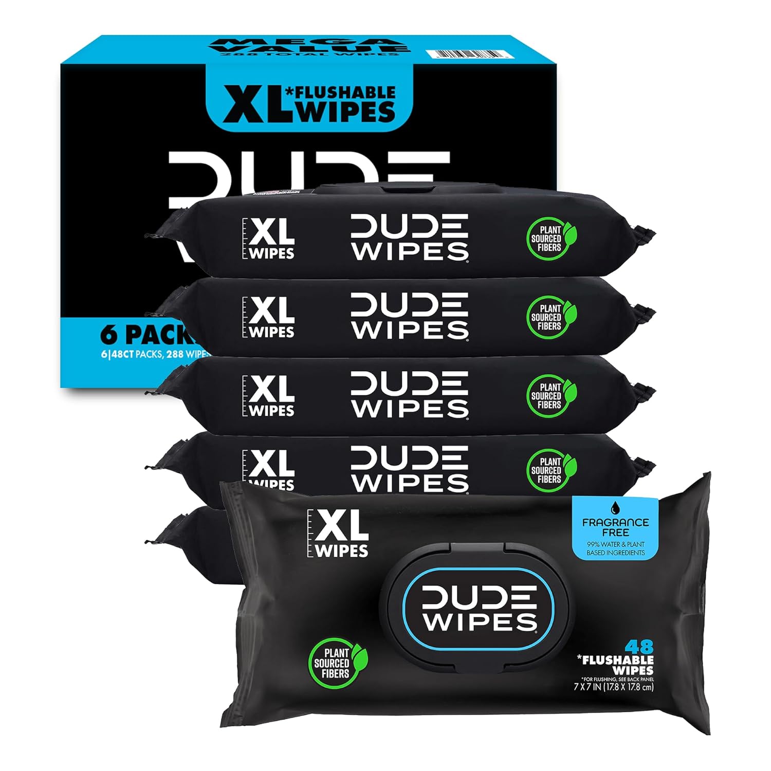 DUDE Wipes Unscented Flushable Wipes - Extra-Large Adult Wet Wipes for Sensitive Skin - 6 Pack (288 Count) - Infused with Vitamin E and Aloe - Septic and Sewer Safe