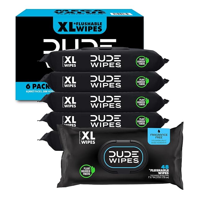 DUDE Wipes - Flushable Wipes - 6 Pack 288 Count - Unscented - Extra-Large - Vitamin-E Aloe -