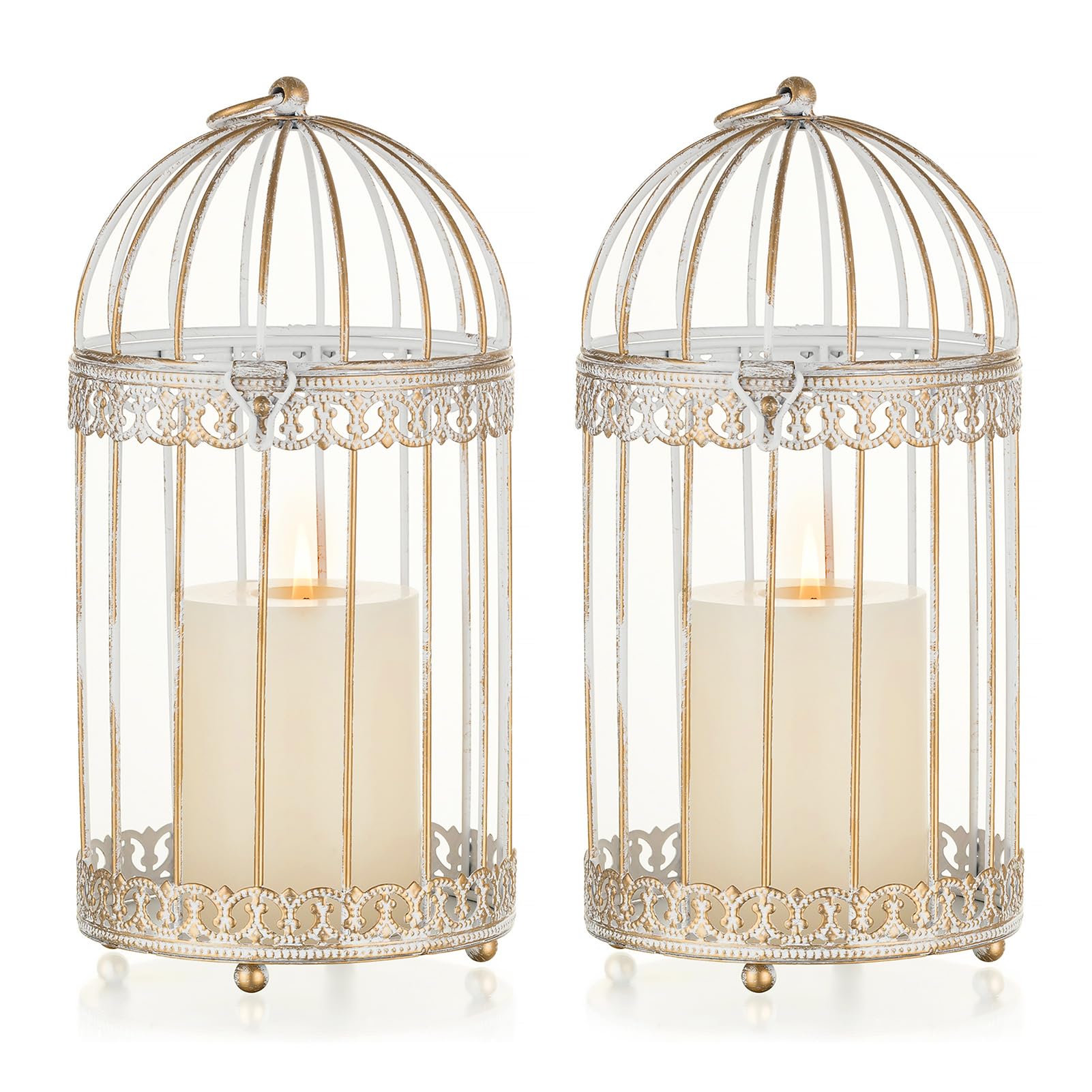 NUPTIO Portacandele a Pilastro Gabbia per Uccelli Bianco: 2 Set di 25,5 cm Decorativo Metallo Appeso Lanterna Centrotavola Portacandele a Gabbia per Uccelli in Ottone per Matrimonio Compleanno Festa
