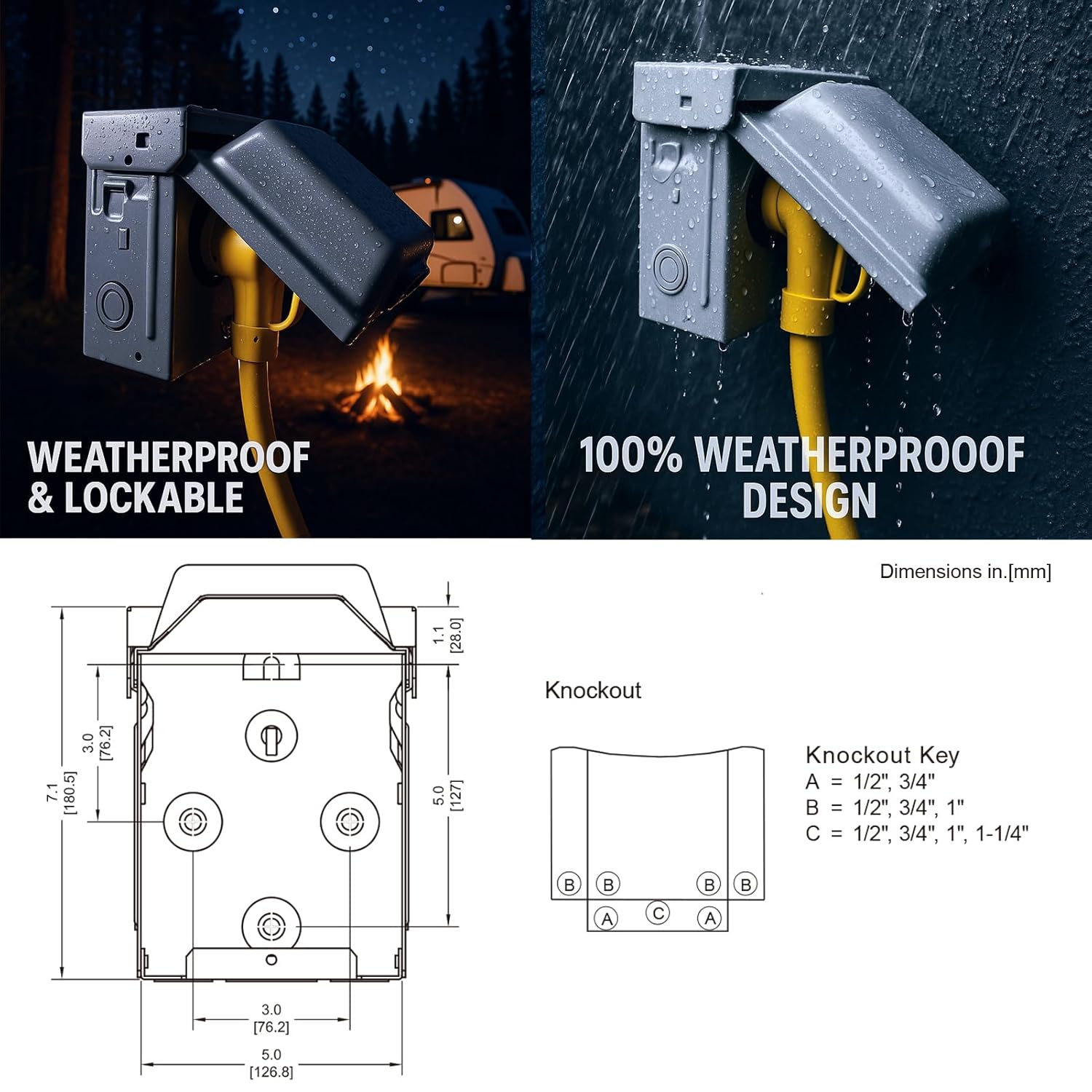 30 Amp NEMA L5-30R with 15Amp Switch Power Outlet Box 125 Volt, Heavy Duty Lockable Weatherproof Electrical Panel, Outdoor Receptacle for EV Generator Trailer Motorhome, ETL Listed, HDS2-014