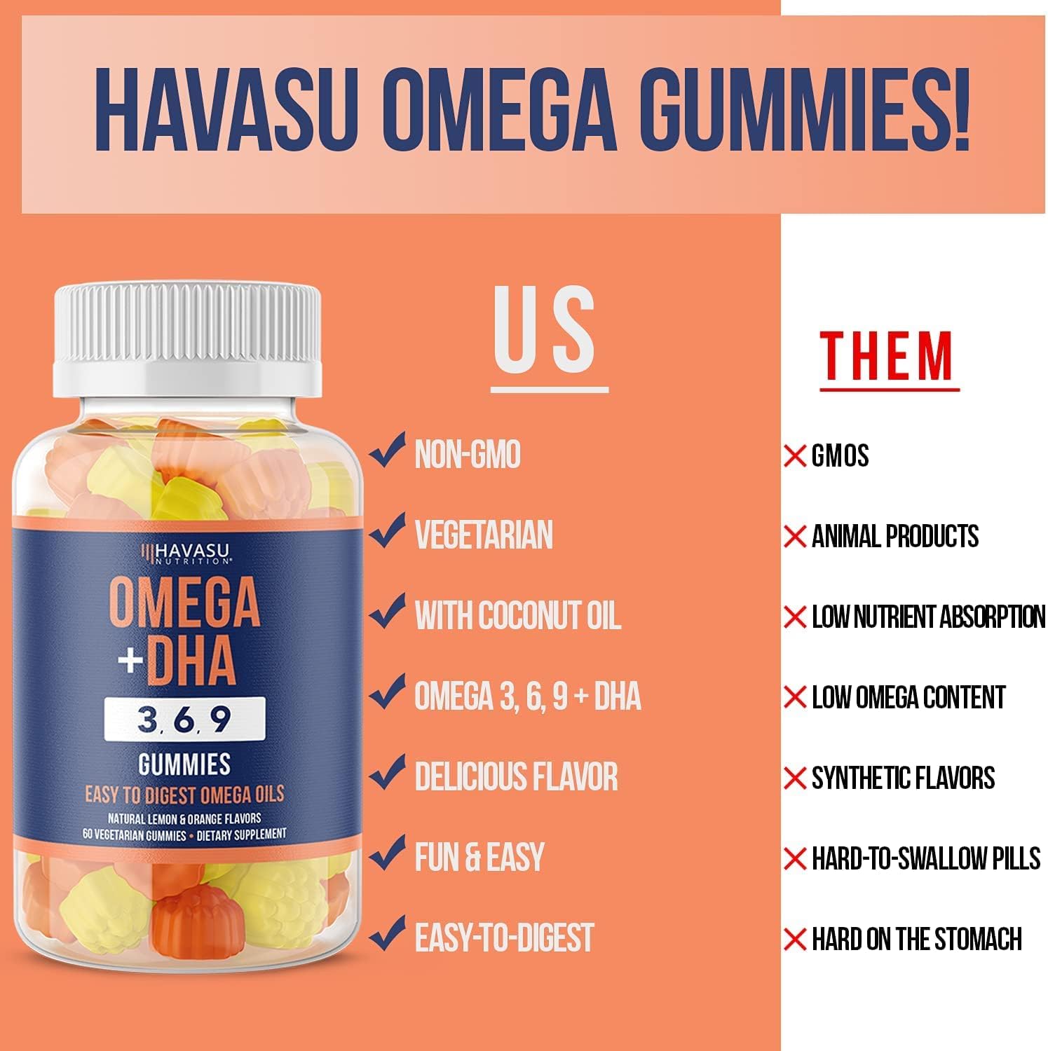 Havasu Nutrition Vegetarian Omega 3-6-9 Gummies + Dha | Supports Brain, Joint, Heart, Eye, and Immune System Function in Men & Women | No GMO, No Fish, No Krill, Gelatin-Free; 60 Plant Based Gummies : Health & Household