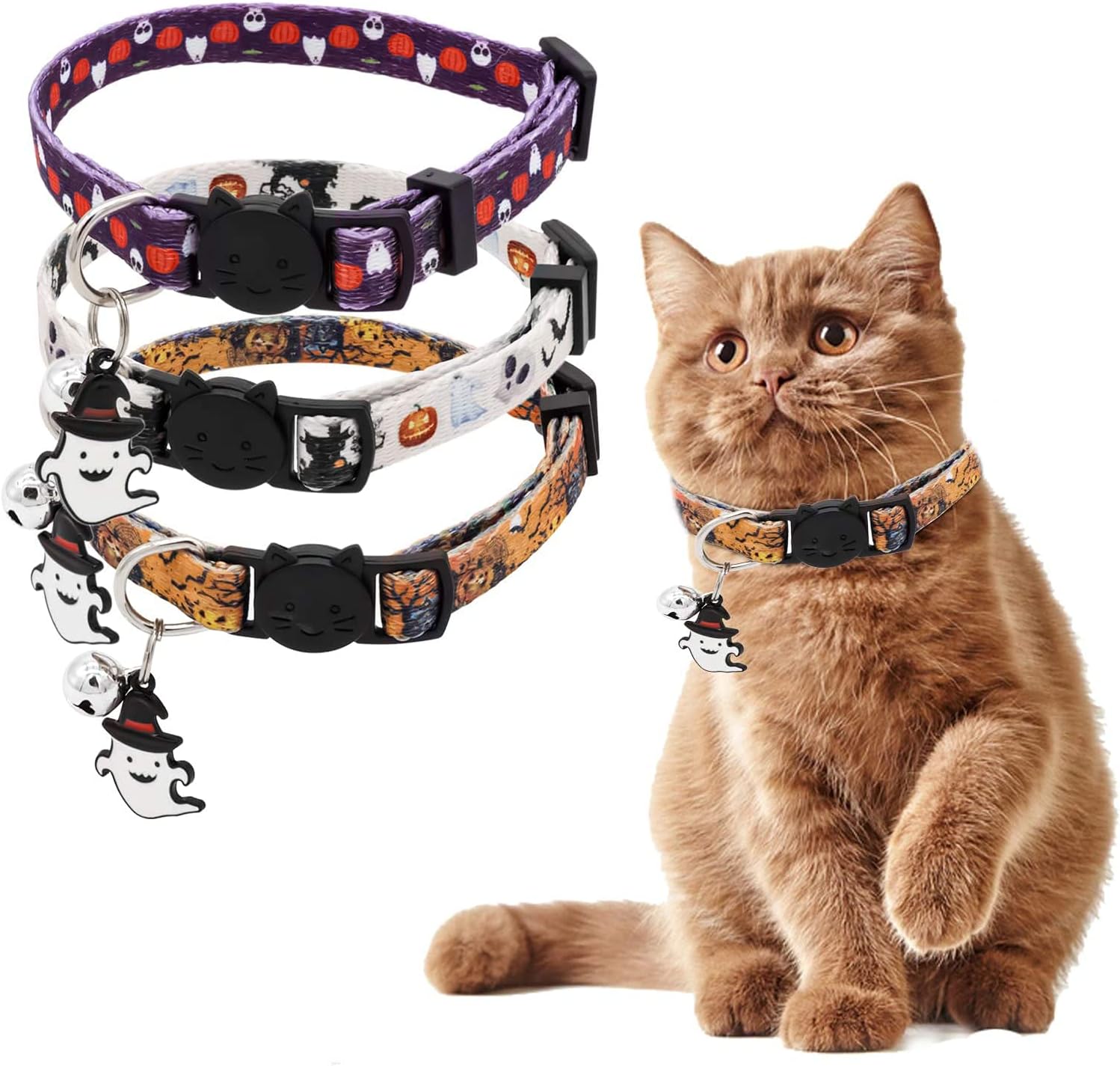 Cat Collar Breakaway 3PCS, Adjustable Pet Cat Collar Costume Accessory with Ghost Pendant & Bell for Cats Kitten Small Dogs Puppy,…
