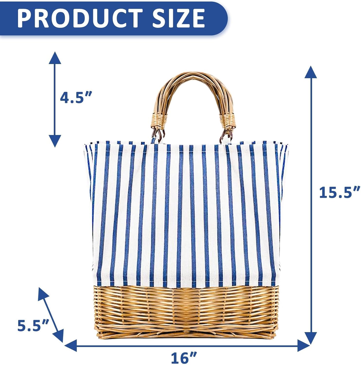Women's Blue Stripe Bohemian Beach Tote Bag, One Size, Square, Trapezoid, Straw & Linen, Lightweight, Summer, No Closure, Shoulder Strap