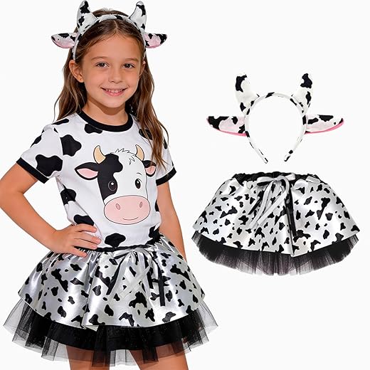 Fantasia de Vaquinha Infantil pra Menina Kit Saia e Tiara Malhada Festa Fazenda Fazendinha Carnaval Halloween Escola