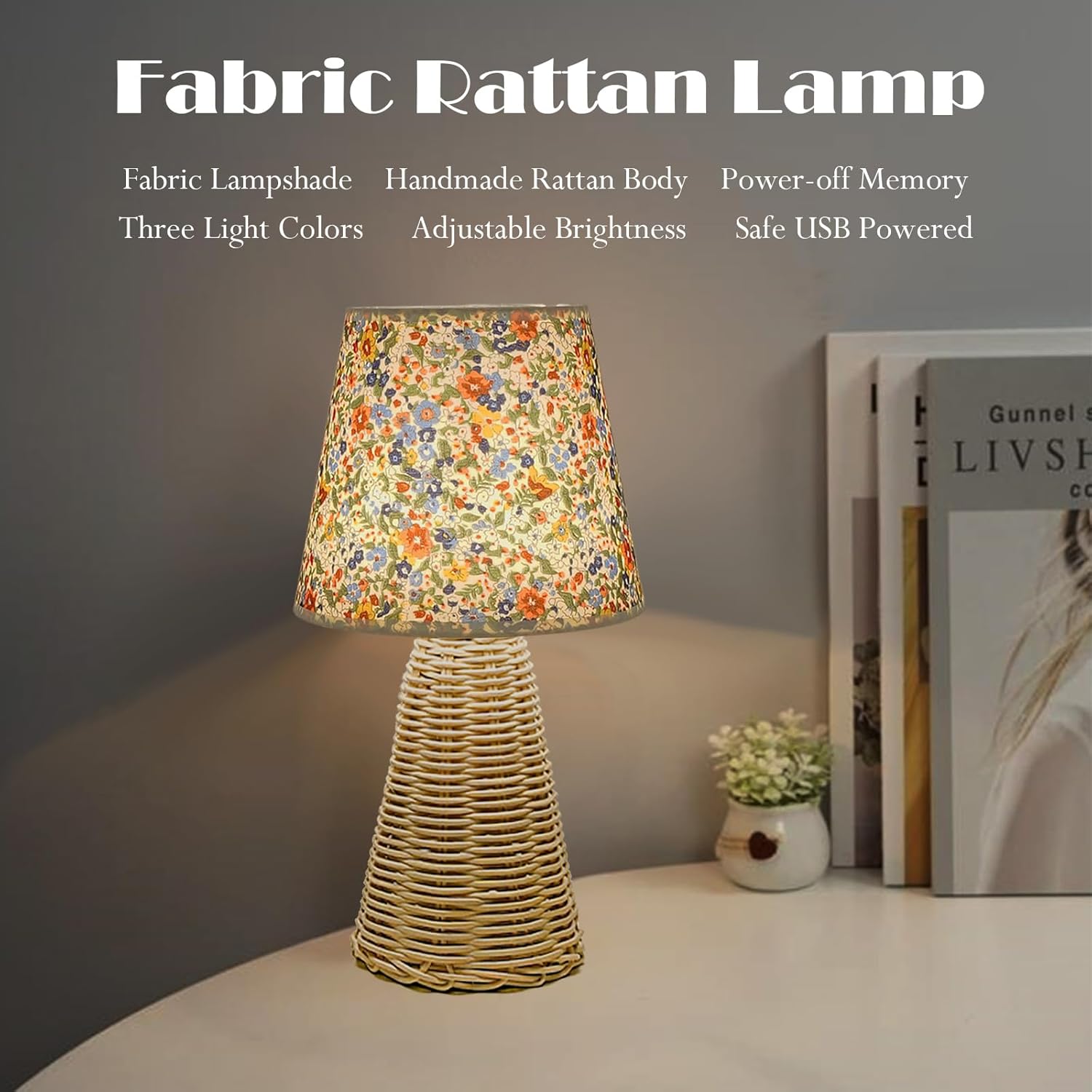 Vintage Small Wicker Lamp, Rattan Body Fabric Lampshade, Adjustable Light Color and Brightness with Power-Off Memory, Safe USB Powered, Retro Night Light for Bedroom Living Room (Cone-Floral)