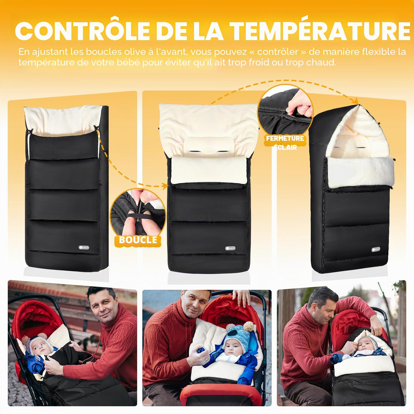 Ivywind Chanceliere Bebe Poussette, Imperméable Chanceliere Universelle pour Poussette avec Fermetures Éclair Réglable, Hiver Chancelière Poussette, Lavable et Détachable, Chaud, Noir & Blanc