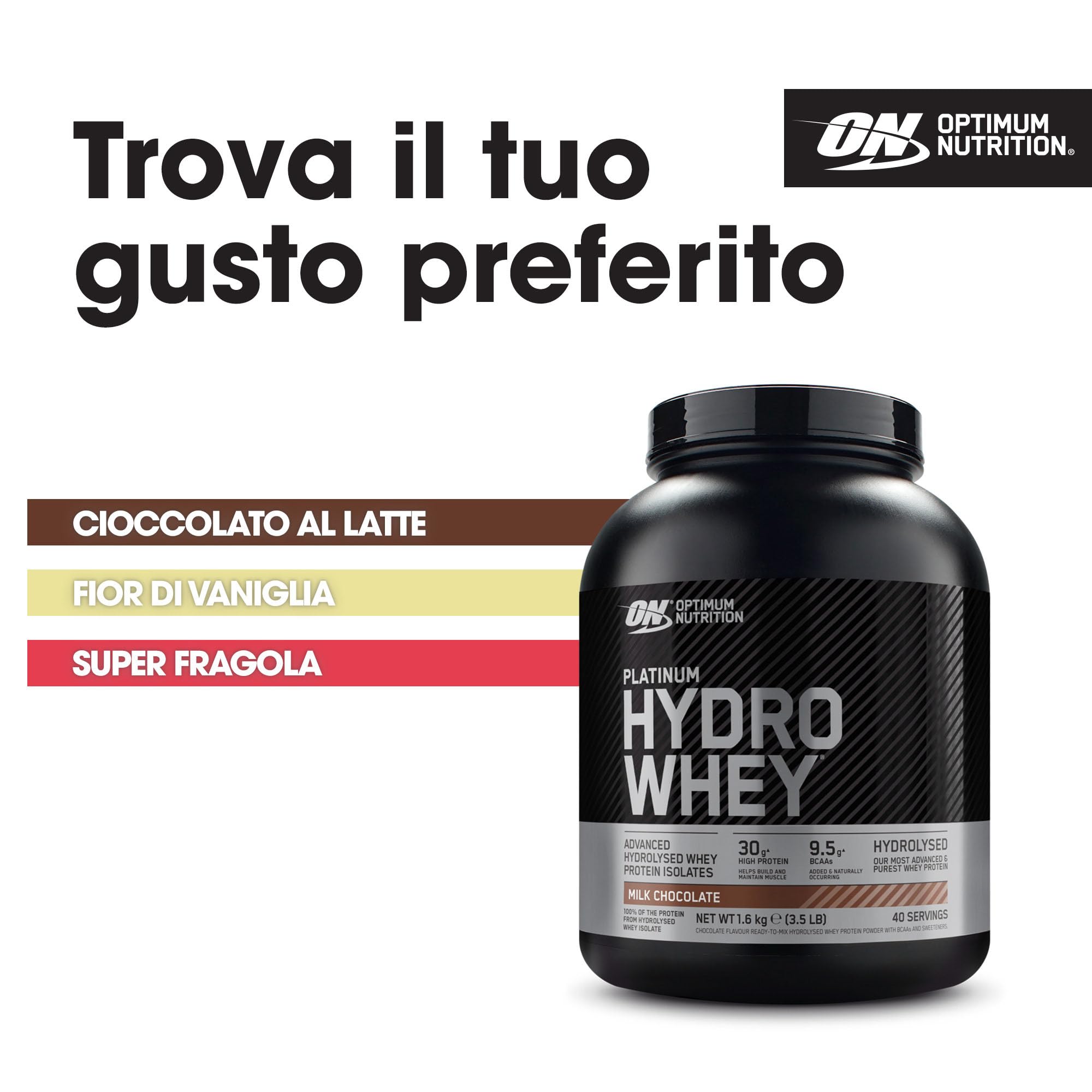Optimum Nutrition Platinum Hydro Whey, Proteine in Polvere Whey Isolate Idrolizzate, Powder con Aminoacidi Essenziali, Glutammina e BCAA, Gusto Cioccolato al Latte, 40 Porzioni, 1.6 kg
