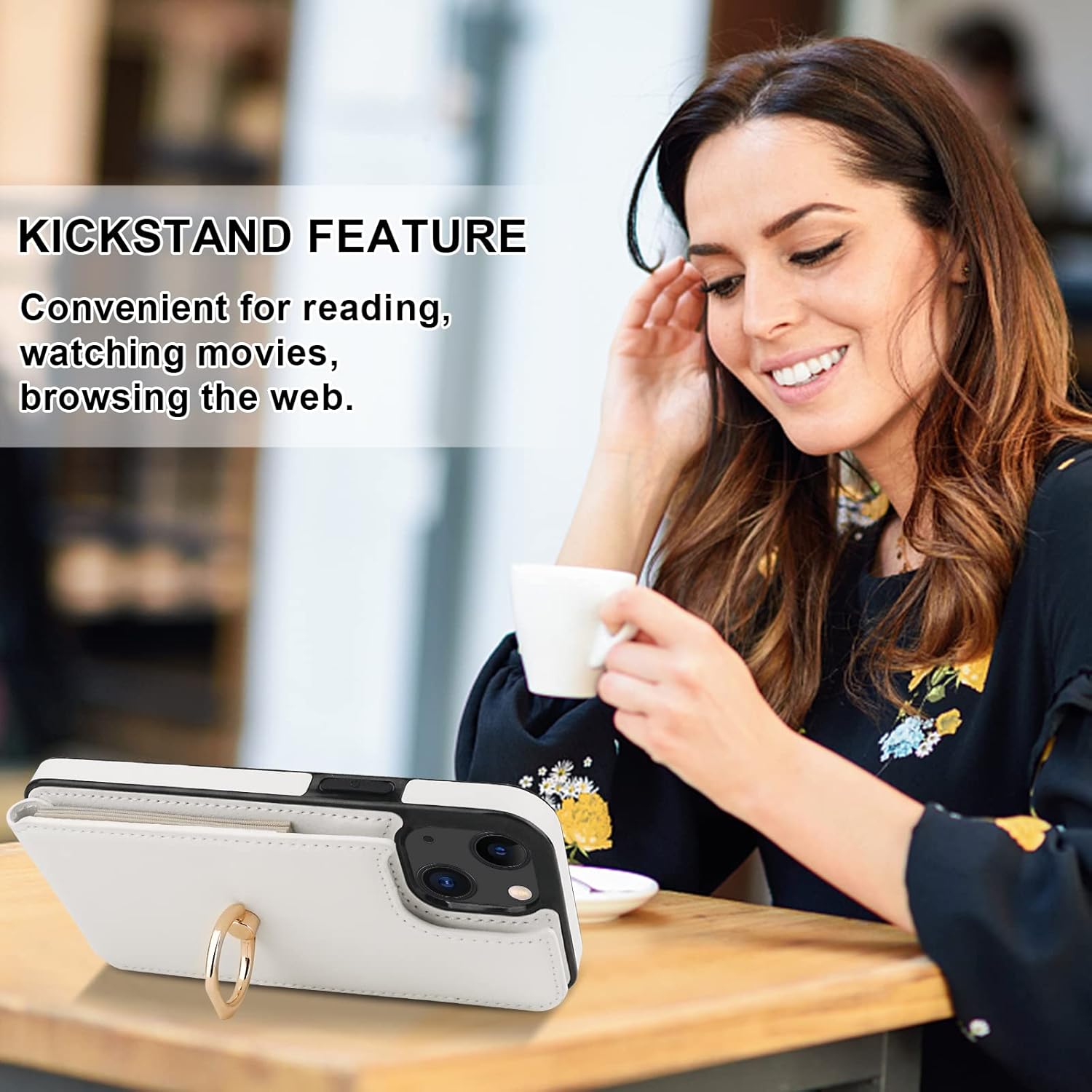 Folosu Compatible with iPhone 14 Case Wallet with Card Holder, 360°Rotation Finger Ring Holder Kickstand, RFID Blocking Leather Protective Double Buttons Shockproof Cover 6.1 Inch White