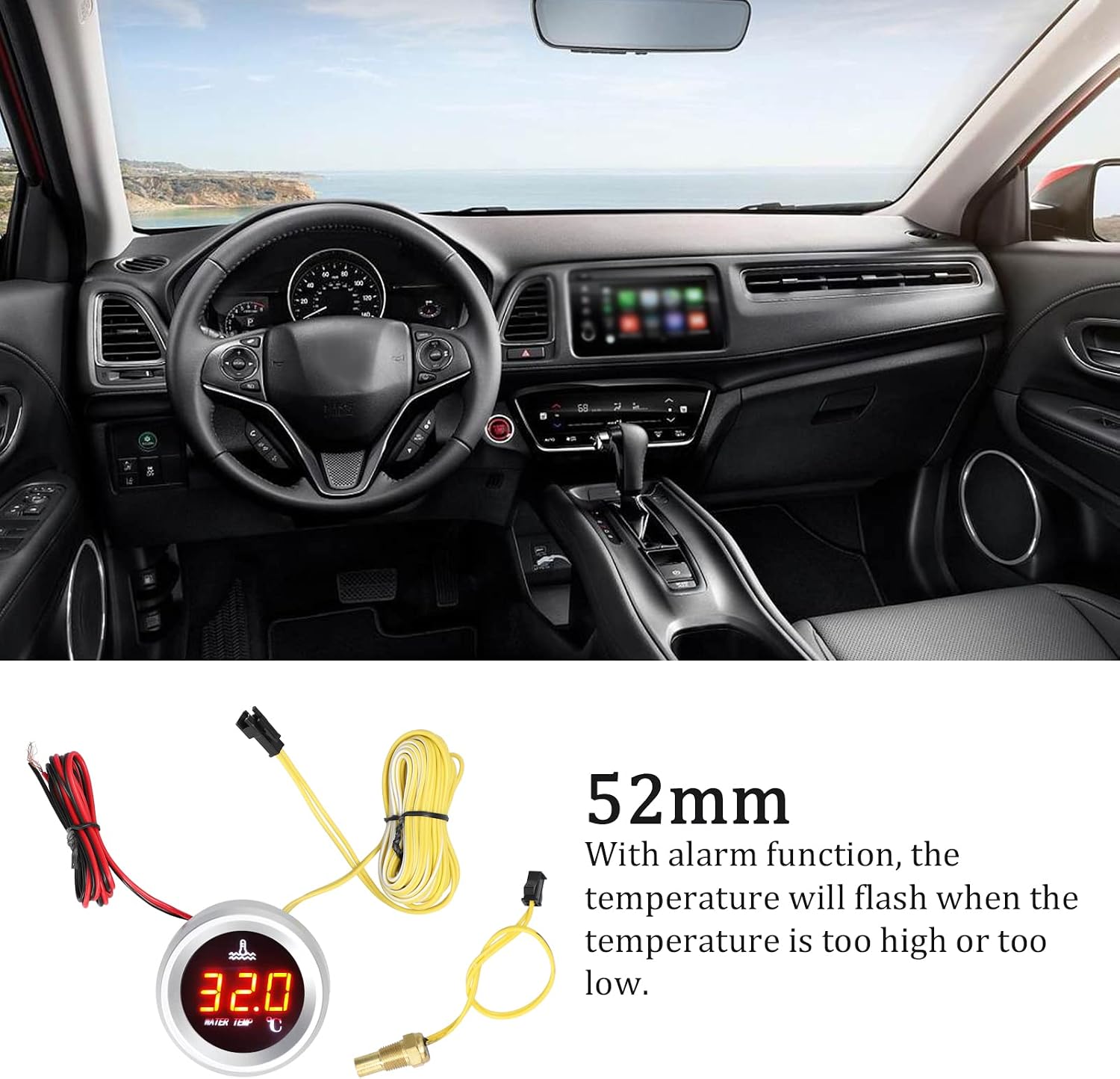 Shkalacar Water Temperature Gauge, 52mm Water Temp Thermometer Meter Kit Car Digital Meter LED Display 9-36V with Temperature Sensor Alarm Function for Car, Truck, Vehicle, Automotive