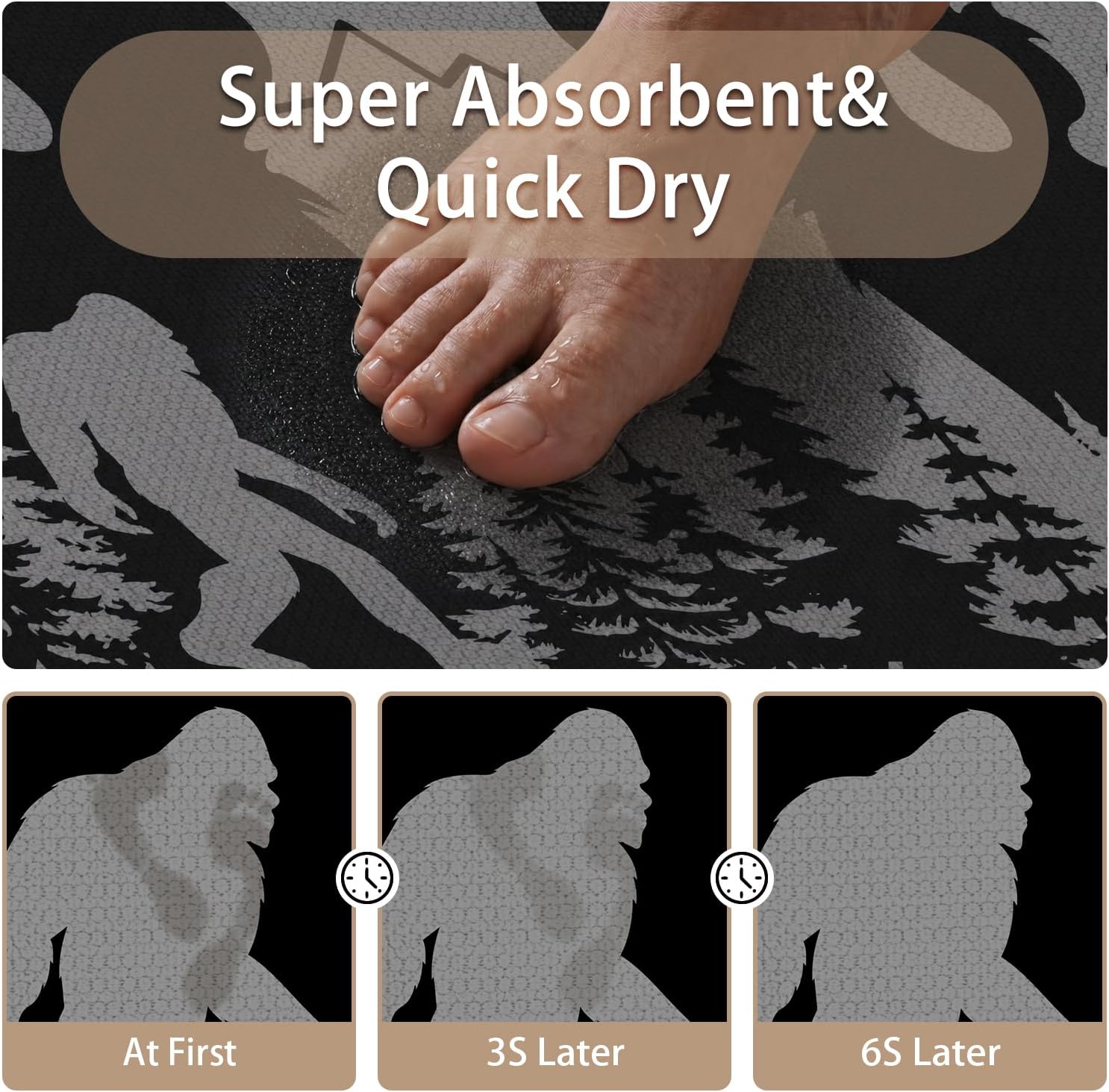 Funny Bigfoot Ultra Thin Black Grey Bath Mat Non-Slip Bath Rug Quick Dry Machine Washable Absorbent, Rubber Bath Mats for Bathroom, Fun Thin Bathroom Rugs Fit Under Door/Outside Shower/Sink, 17"x27" image 5
