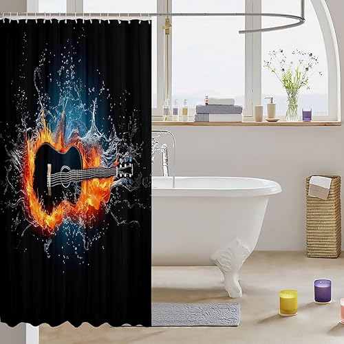 Miniatura 3 de Erosebridal Cortina de ducha de guitarra eléctrica 3D de 72 pulgadas de ancho x 78 pulgadas de largo, cortina de baño con llama, cortina de baño