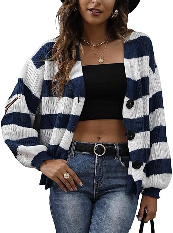 Womens Color-Blocked Striped Cardigan Sweater Button-Down Trendy Coat