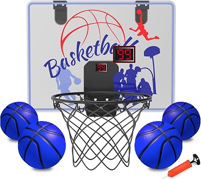 KGF Indoor Basketball Hoop for Kids 4-12 Years Old, Over The Door Mini Basketball Hoop with 4 Balls, Scoreboard and Music Accompaniment, Sports Toys Gift for Boys Girls