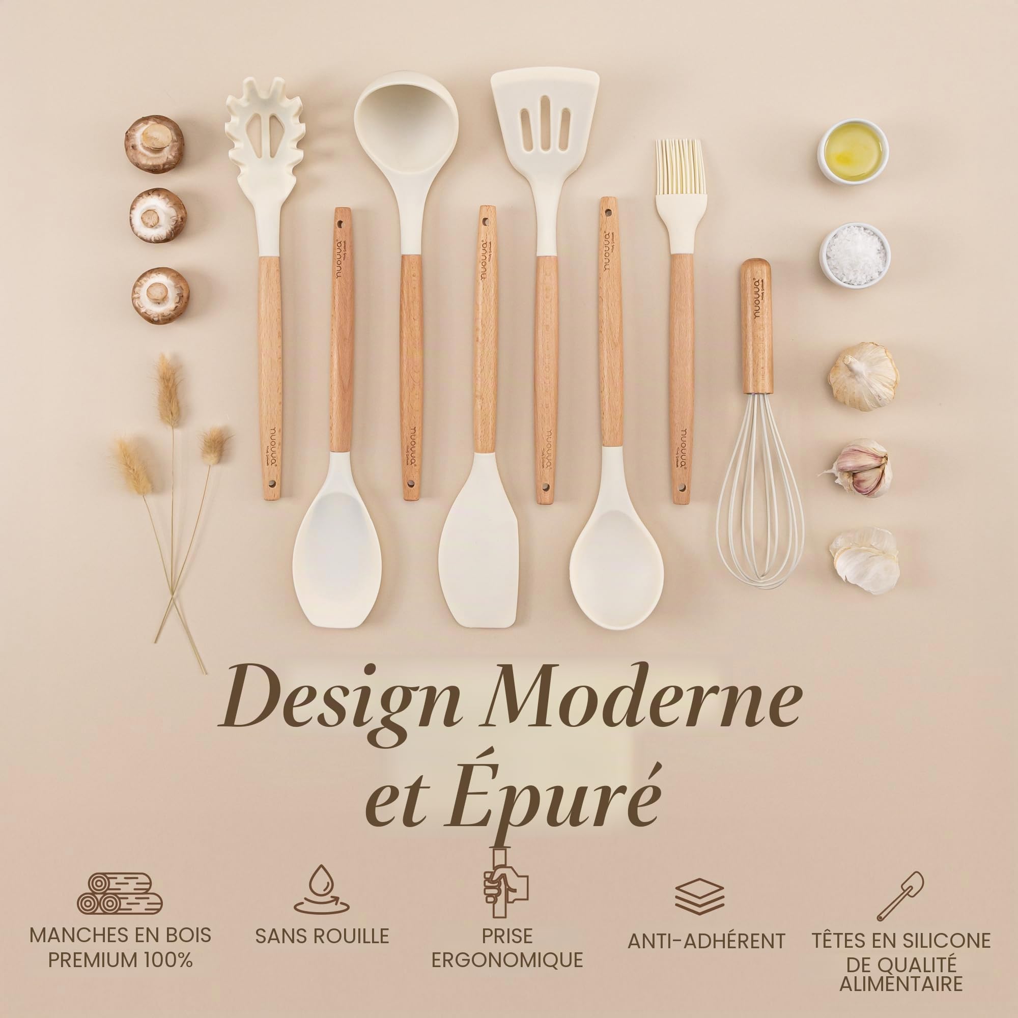 Ustensiles de cuisine antiadhésifs - Ustensiles en silicone résistants à la chaleur avec manche en bois - Ensemble de louches, cuillères et spatules - Outils et accessoires de - 35 pièces, Crème