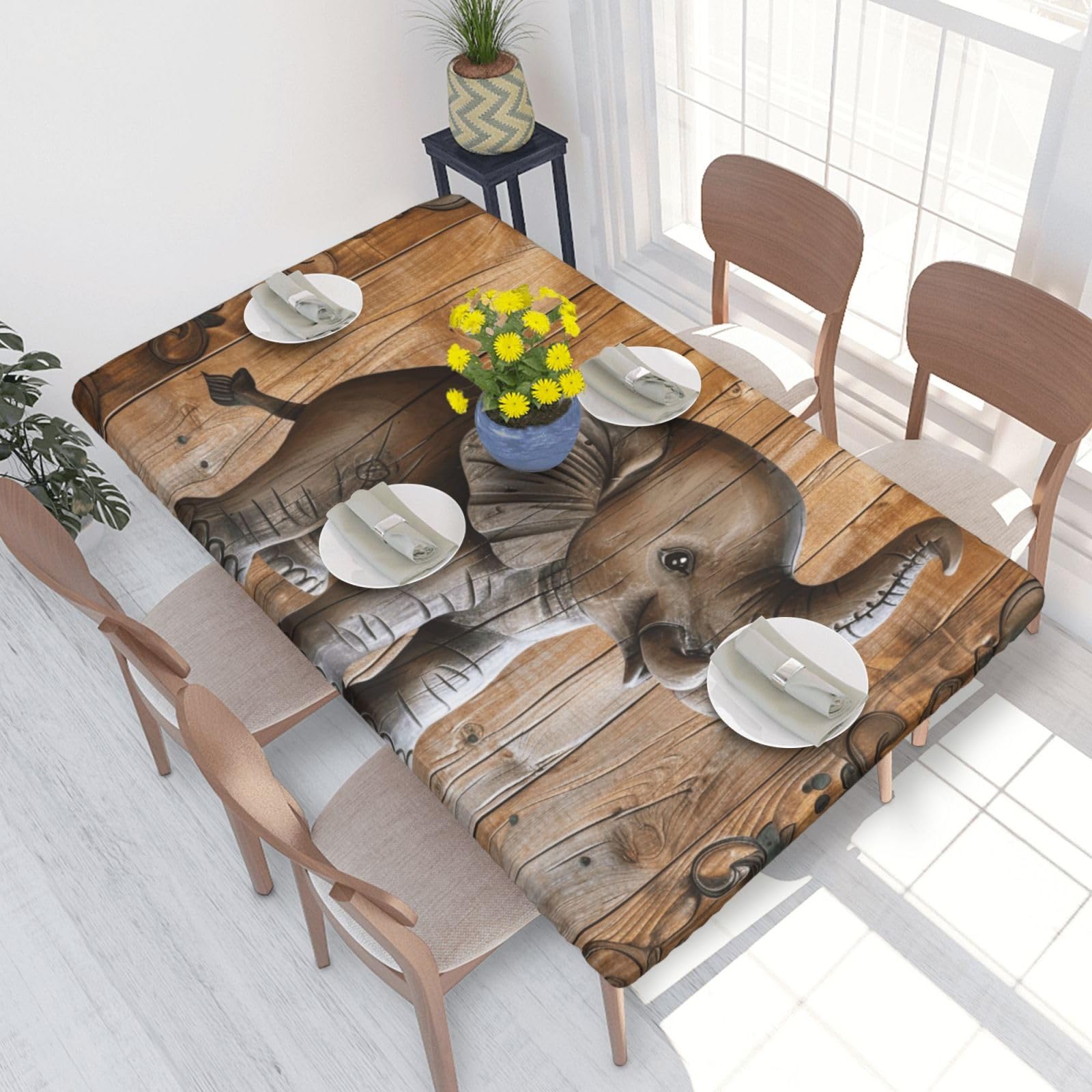 DCARSETCV Sunflower Elephant Wooden Floor Printed 4FT Waterproof Tablecloth with Elastic Edged Protect & Decor Your Table, Oil-proof Washable Table Cloth Cover for Dinner Picnic Party