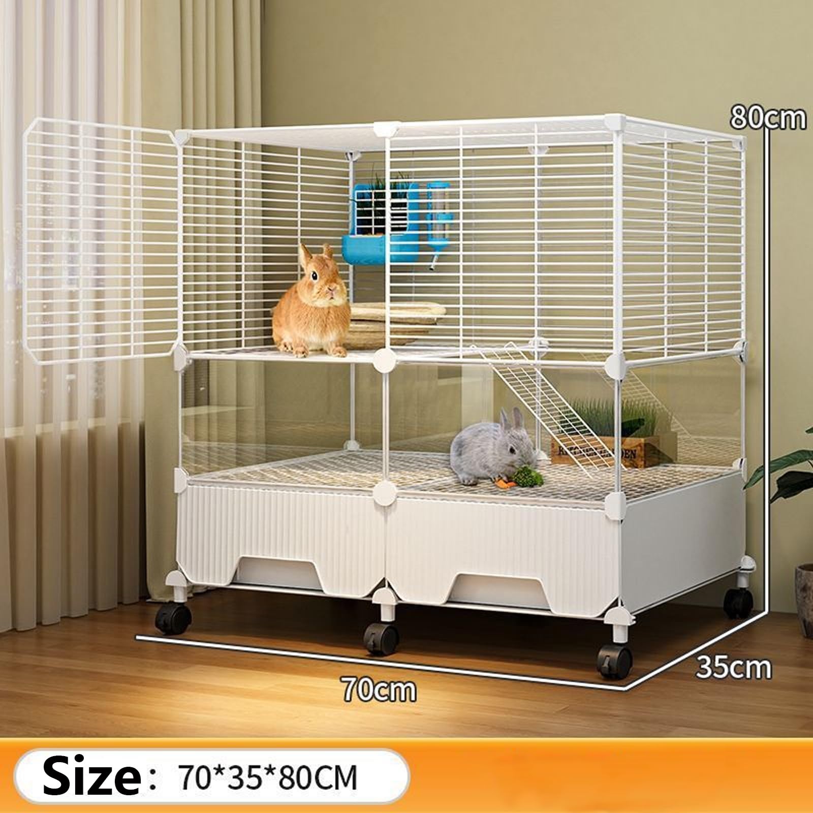 Jaula para Conejos De 2 Pisos con Bandeja Extraíble Y Ruedas Casa para Conejo Rejilla Reforzada 1,5cm - Estructura Compacta Y Móvil