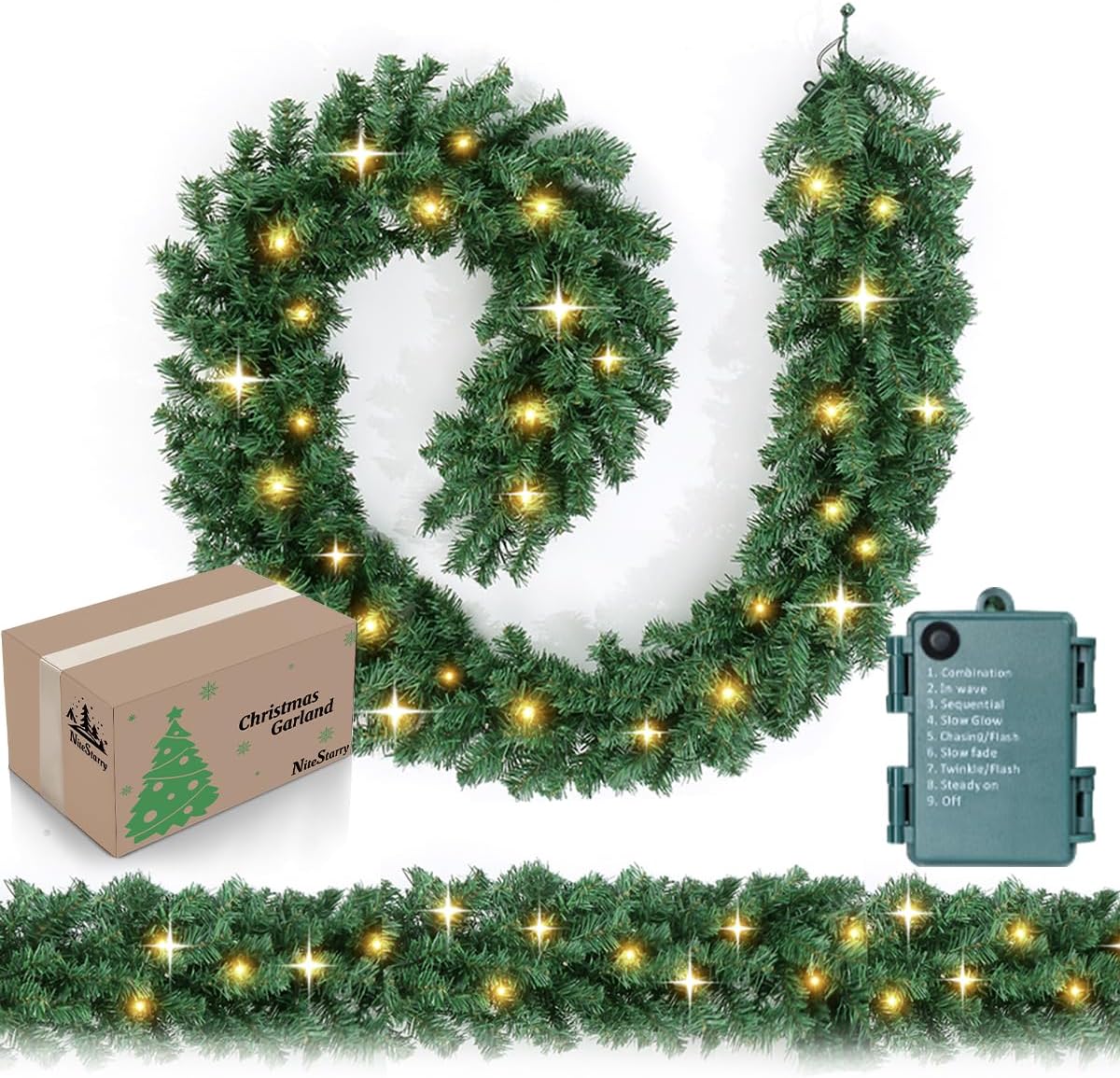 2-pack 9ft battery operated christmas garland with timer, prelit christmas garland with 50 led lights, christmas decorations for mantel, door stairs wall, indoor outdoor 2pack greeny garland