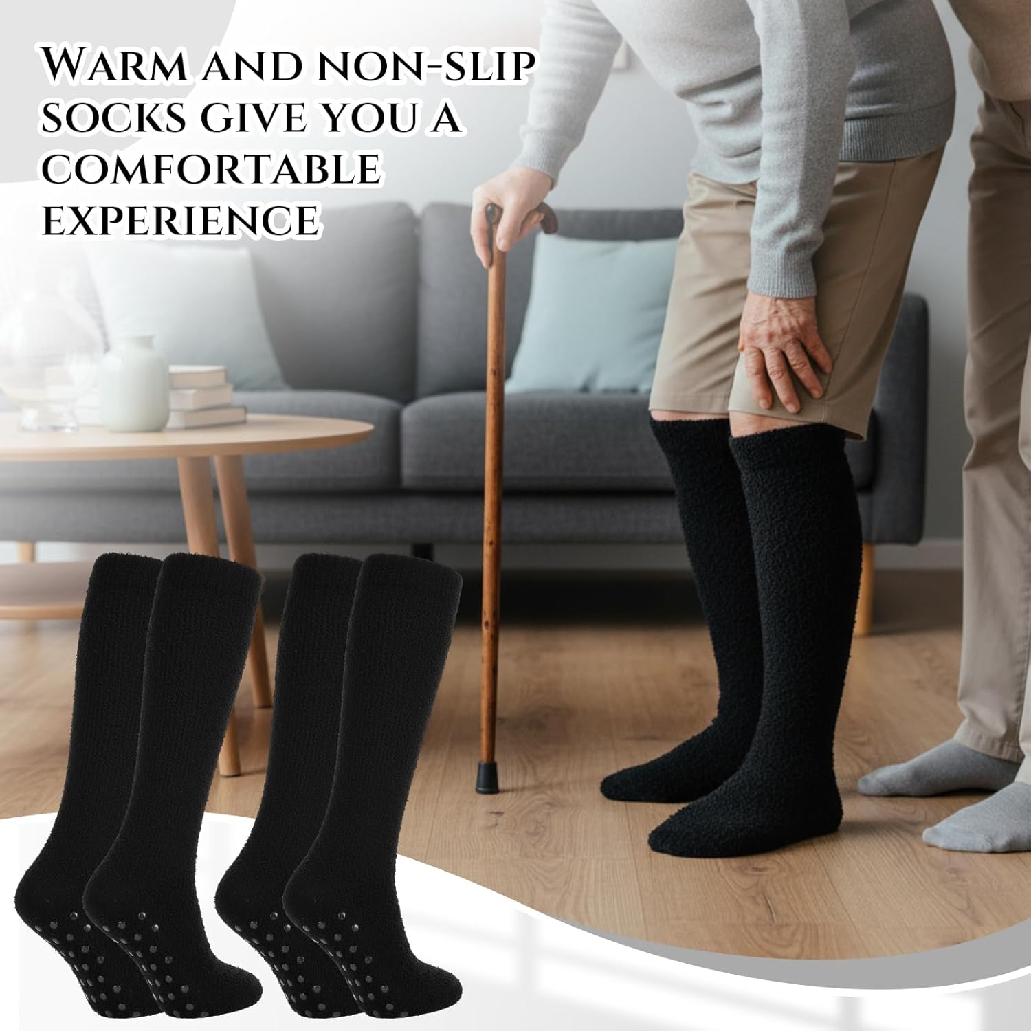 Janmercy 2 Pairs Non Slip Crew Socks Hospital Socks with Grips Cozy Fuzzy Slipper Knee High Stocking for Women, Men - Image 7