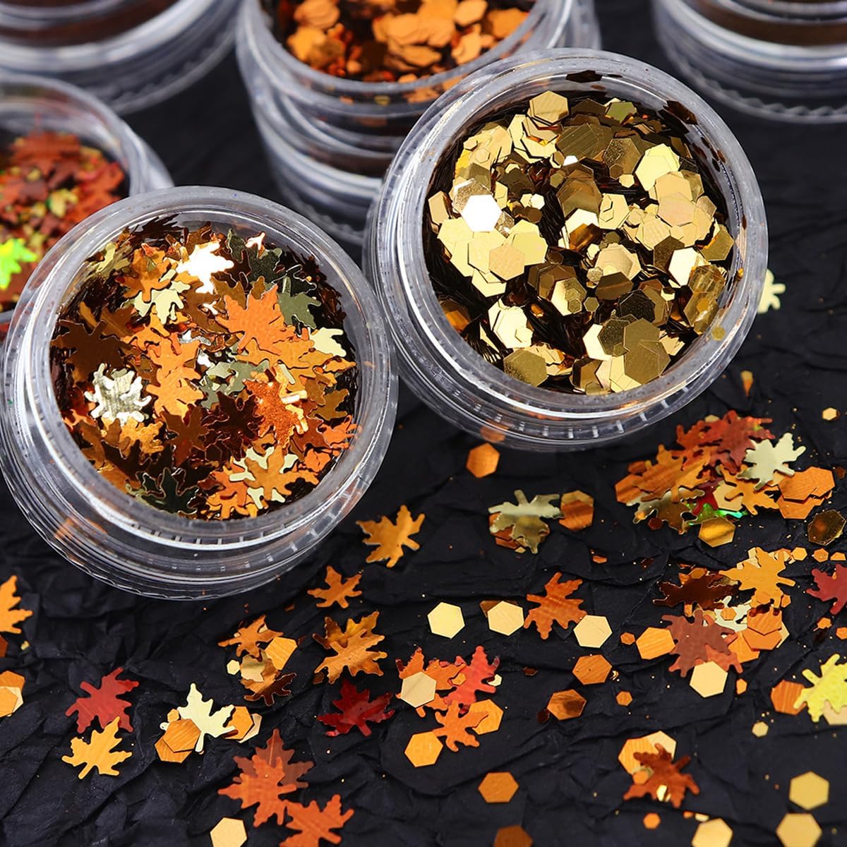 6 Grids Gold Fall Nail Art Glitters Maple Leaf Nail Sequins with Glitter Powder Gold Orange Nail Decoration 3D Holographic Autumn Leaves Thanksgiving Supplies for Acrylic Nails Autumn DIY Decorations