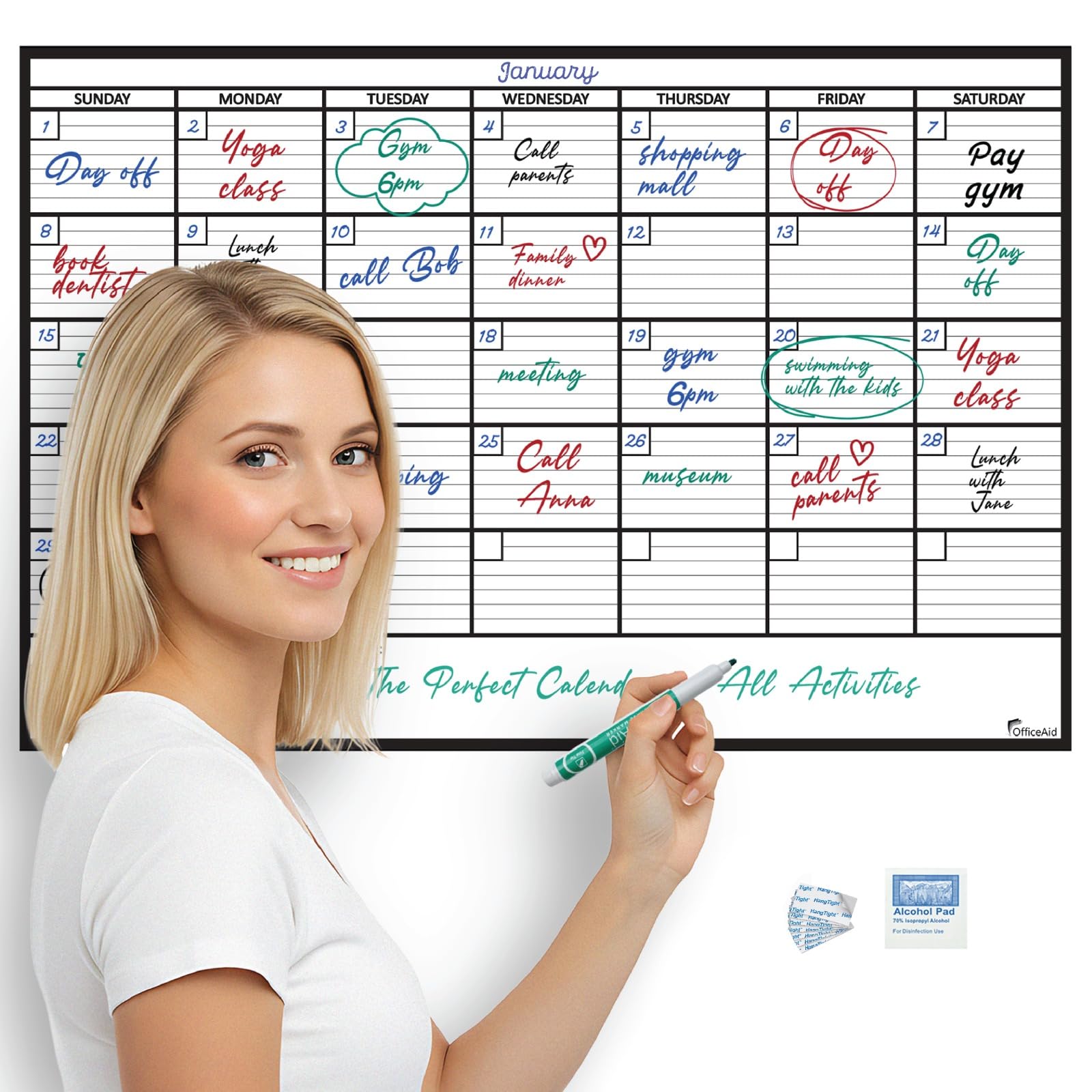 Grand calendrier mural effaçable à sec pour mur, 61 x 91,4 cm, grand calendrier mural effaçable à sec, grand tableau blanc pour bureau, maison et école, tableau blanc géant effaçable mensuel non daté